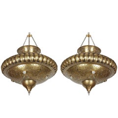 Pair of Moroccan Moorish Brass Light Pendants in Alberto Pinto Style