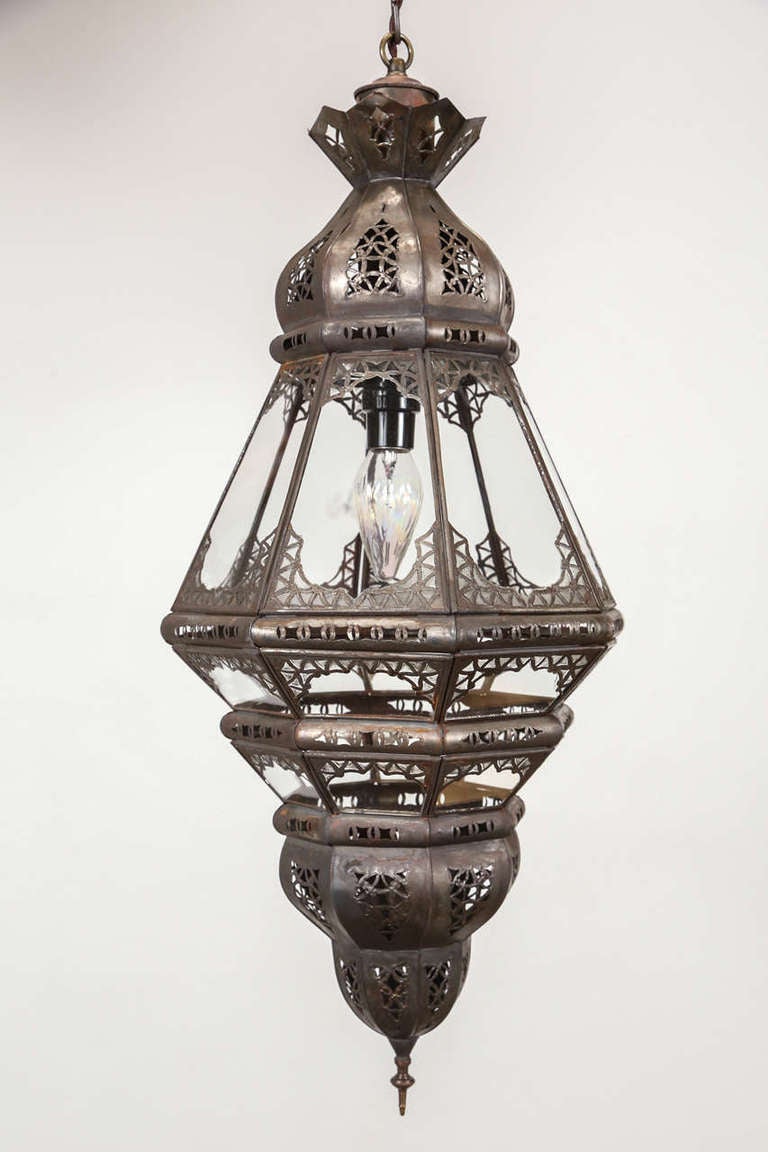 Hand-Crafted Pair of Moroccan Moorish Filigree Metal and Clear Glass Lanterns