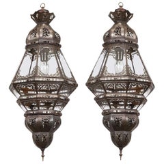 Vintage Pair of Moroccan Moorish Filigree Metal and Clear Glass Lanterns