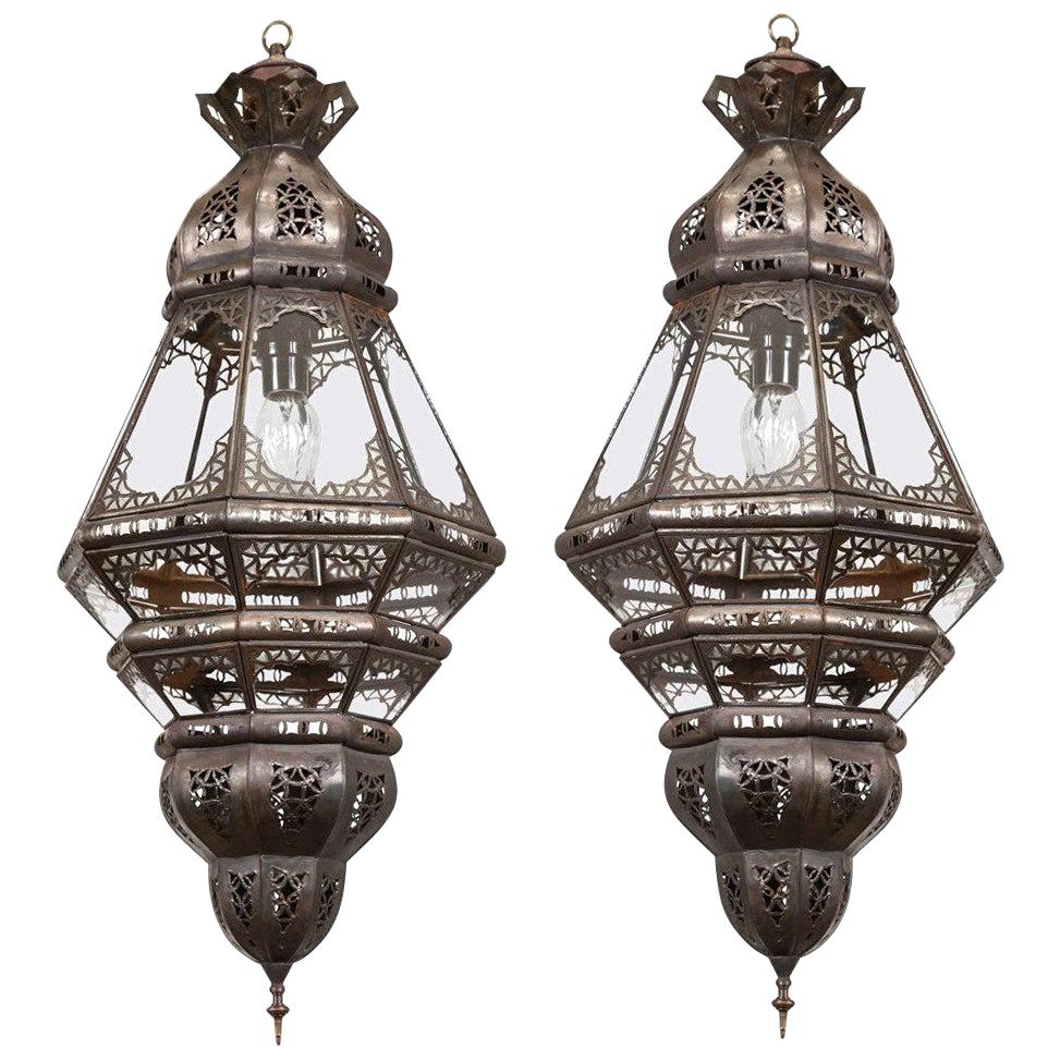 Pair of Moroccan Moorish Filigree Metal and Clear Glass Lanterns