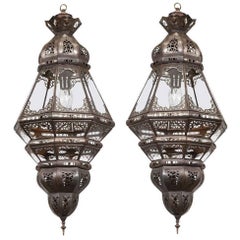 Vintage Pair of Moroccan Moorish Filigree Metal and Clear Glass Lanterns