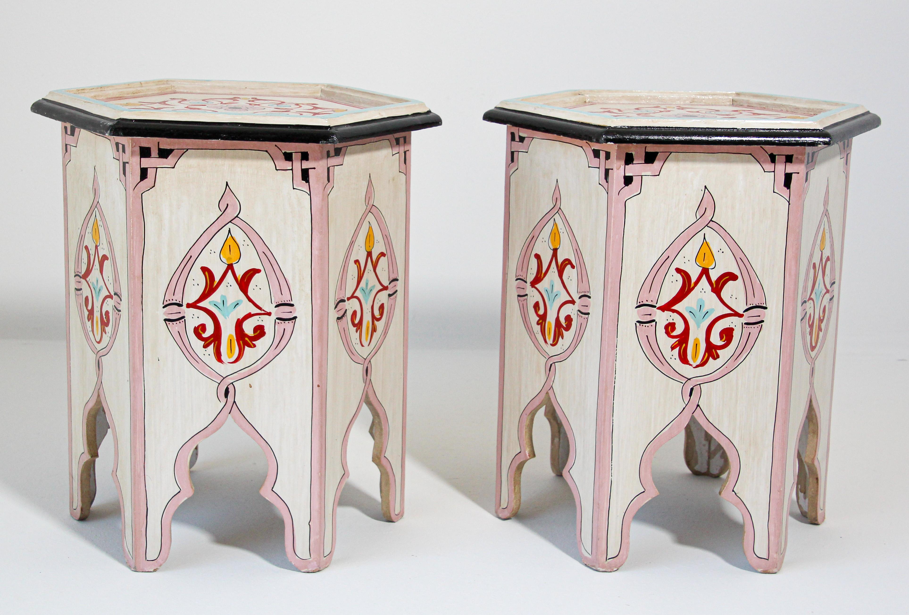 Arts and Crafts Pair of Moroccan Moorish Ivory Hand Painted Side Tables