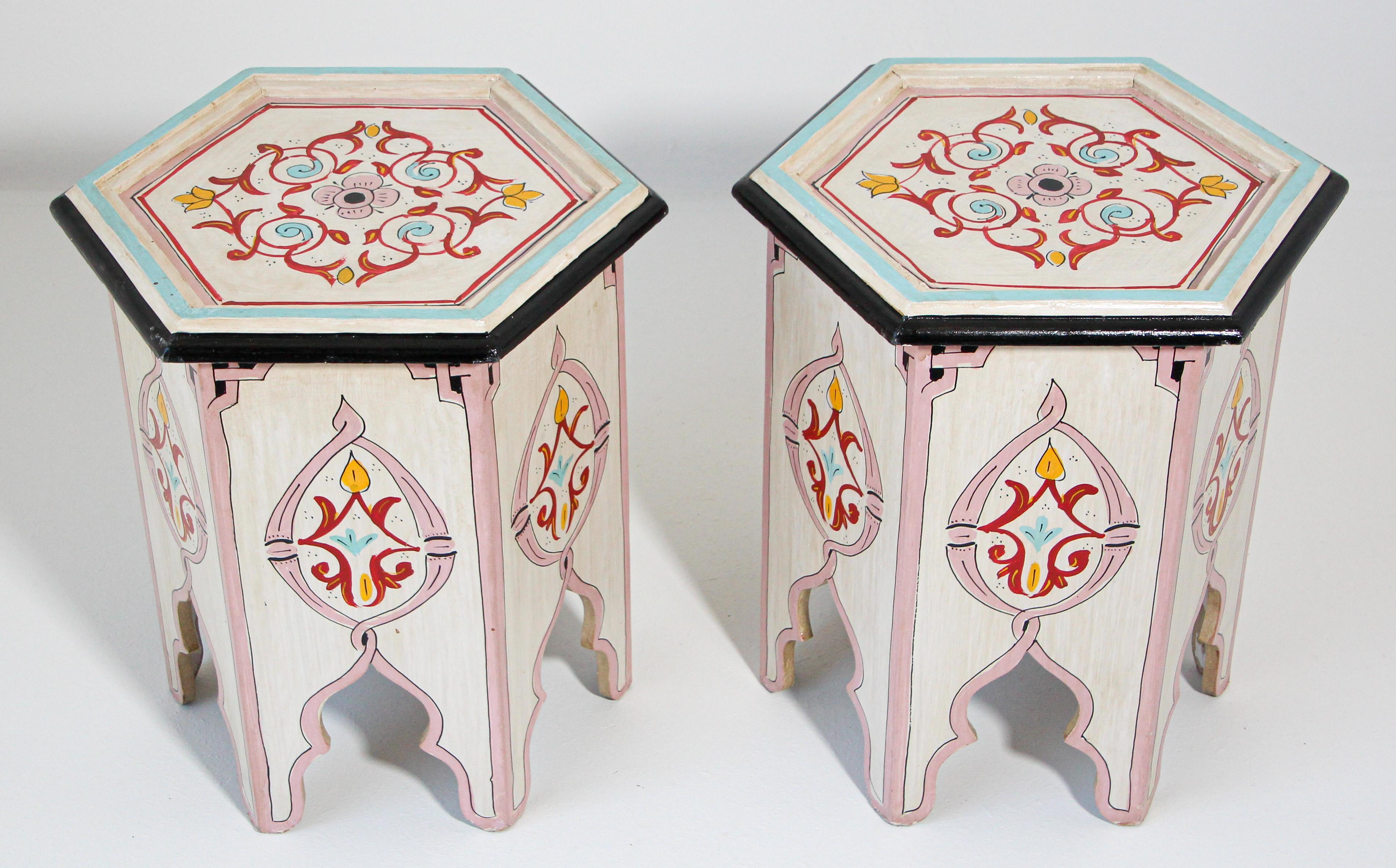 Hand-Painted Pair of Moroccan Moorish Ivory Hand Painted Side Tables