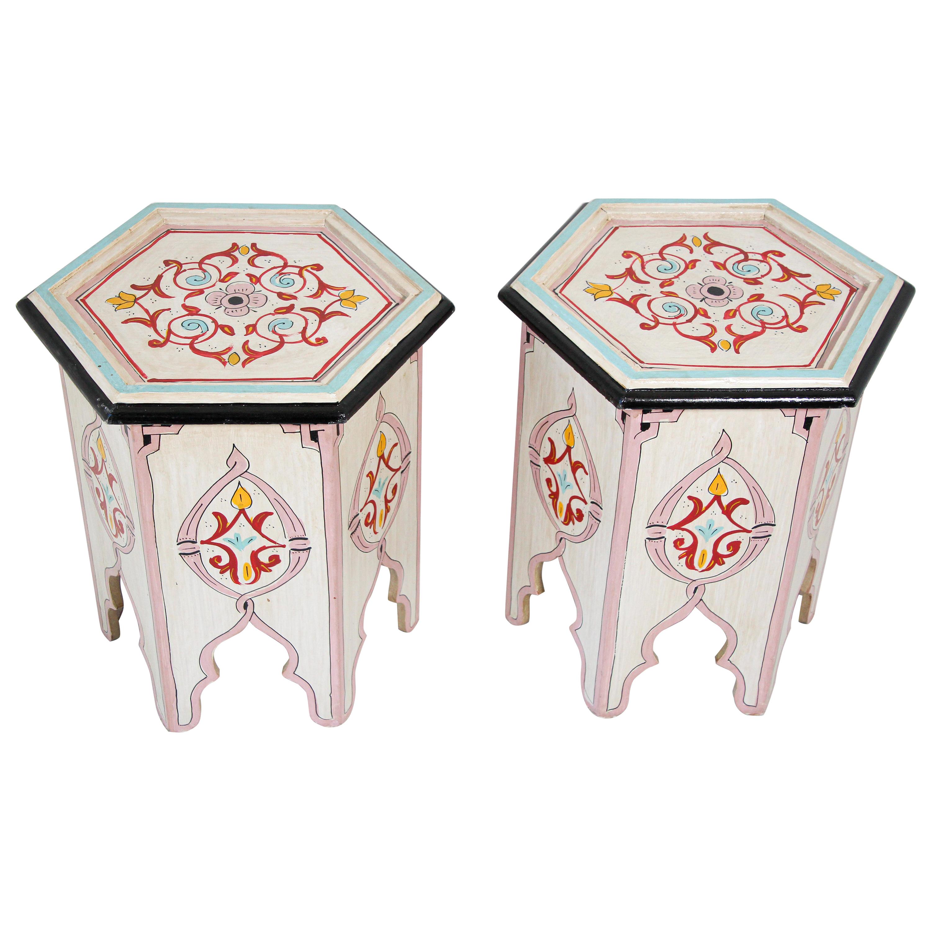 Pair of Moroccan Moorish Ivory Hand Painted Side Tables