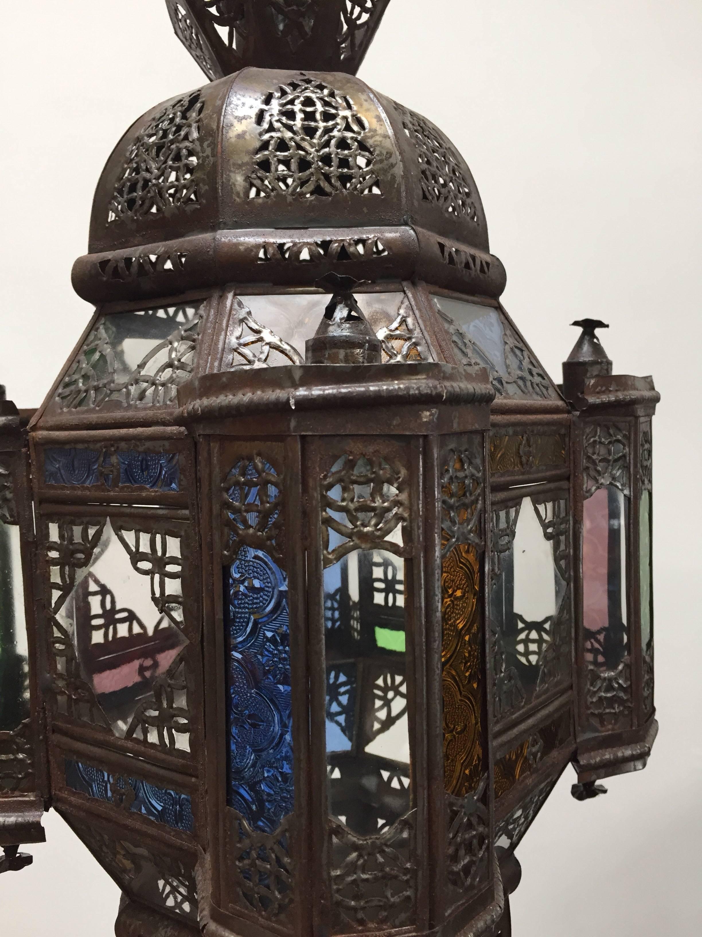 Pair of Moroccan Moorish Metal Lantern with Clear and Colored Glass 6