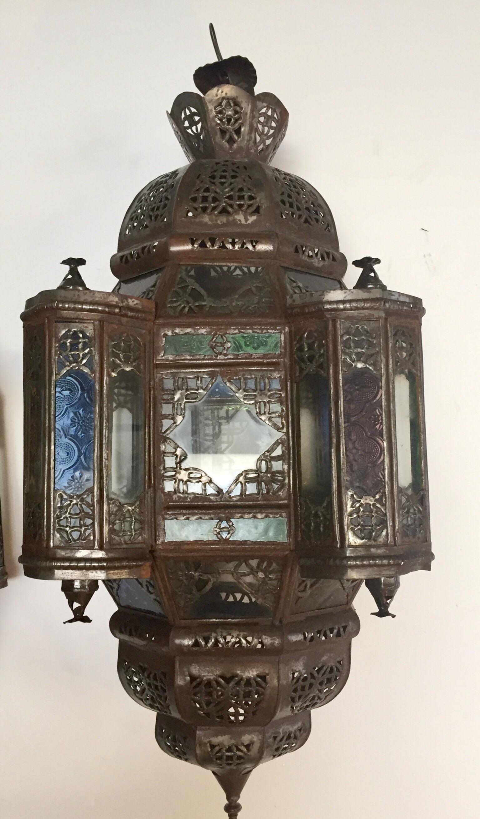 Pair of Moroccan Moorish Metal Lantern with Clear and Colored Glass 7