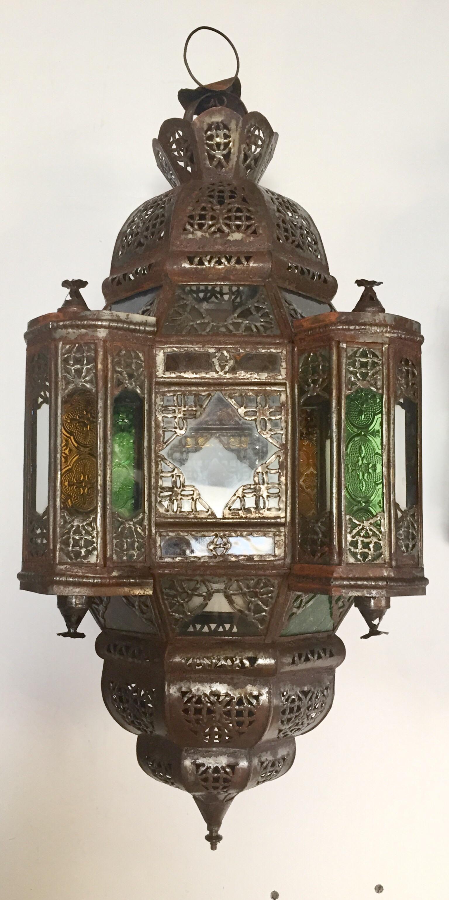 Pair of Moroccan Moorish Metal Lantern with Clear and Colored Glass 8