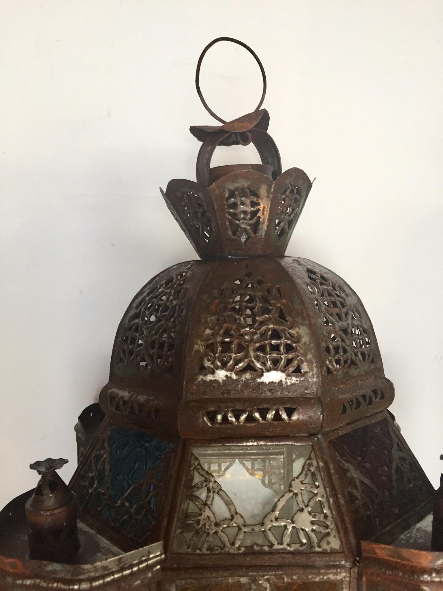 Pair of Moroccan Moorish Metal Lantern with Clear and Colored Glass 9