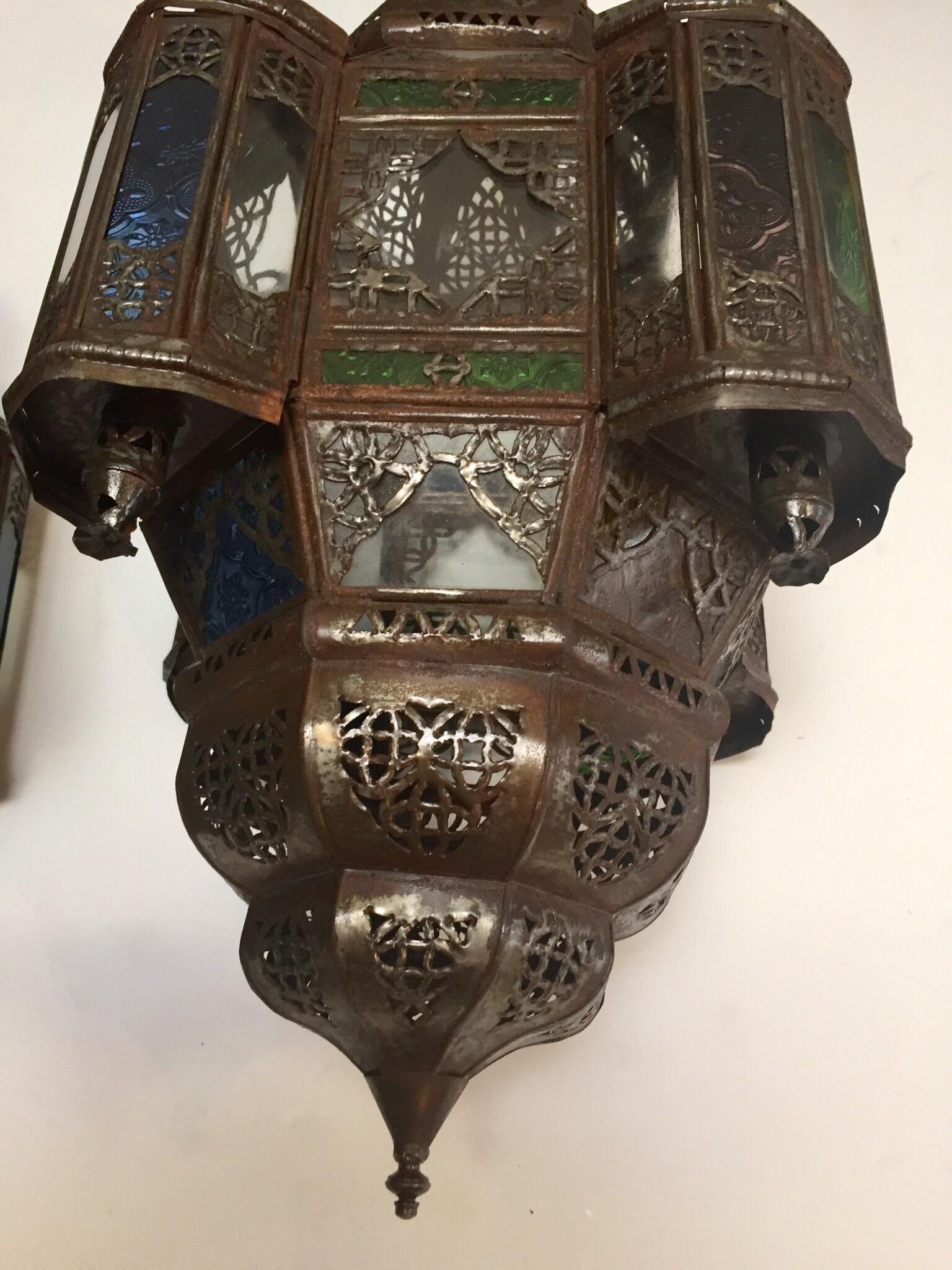 Pair of Moroccan Moorish Metal Lantern with Clear and Colored Glass 10