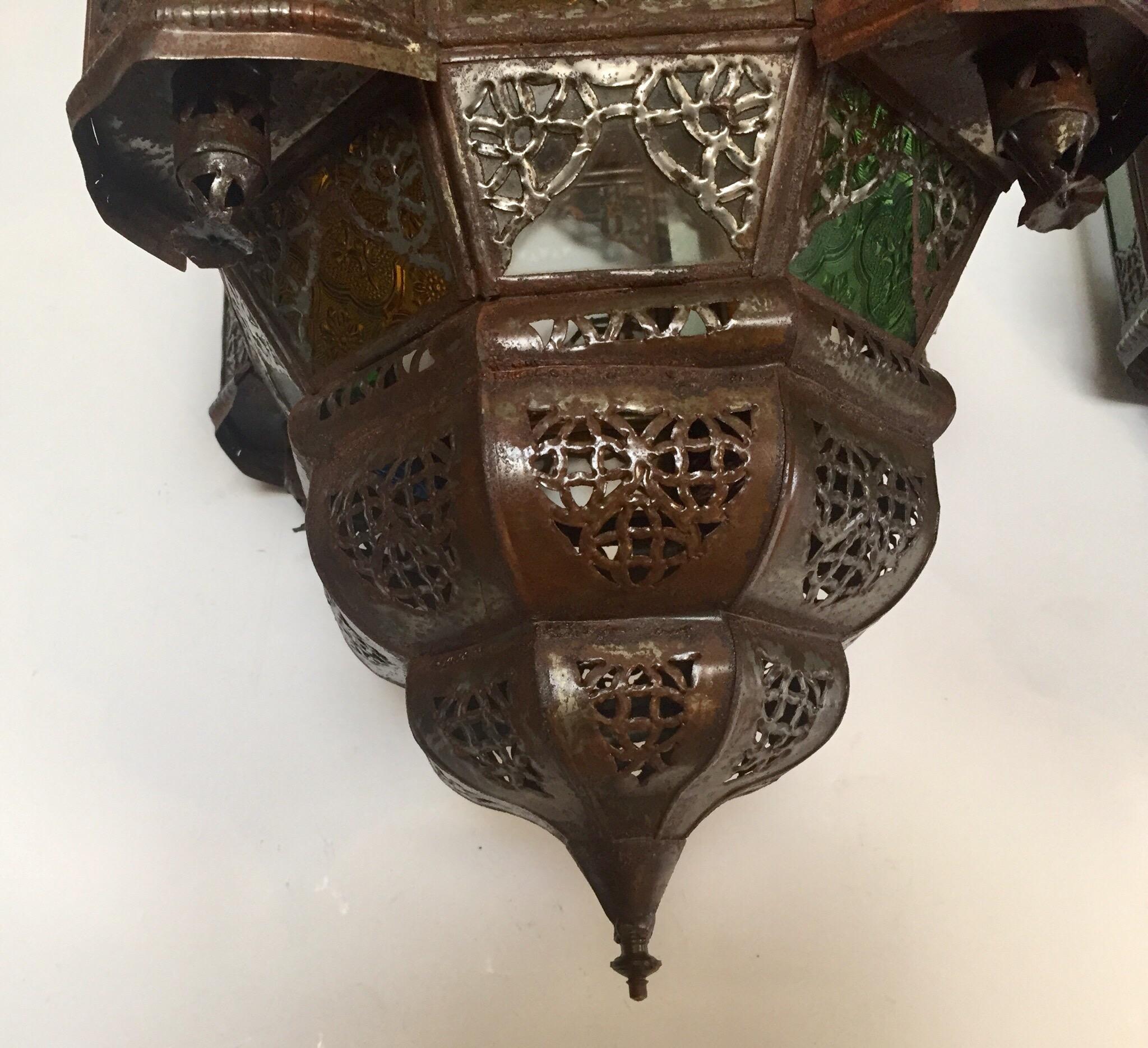 Pair of Moroccan Moorish Metal Lantern with Clear and Colored Glass 11