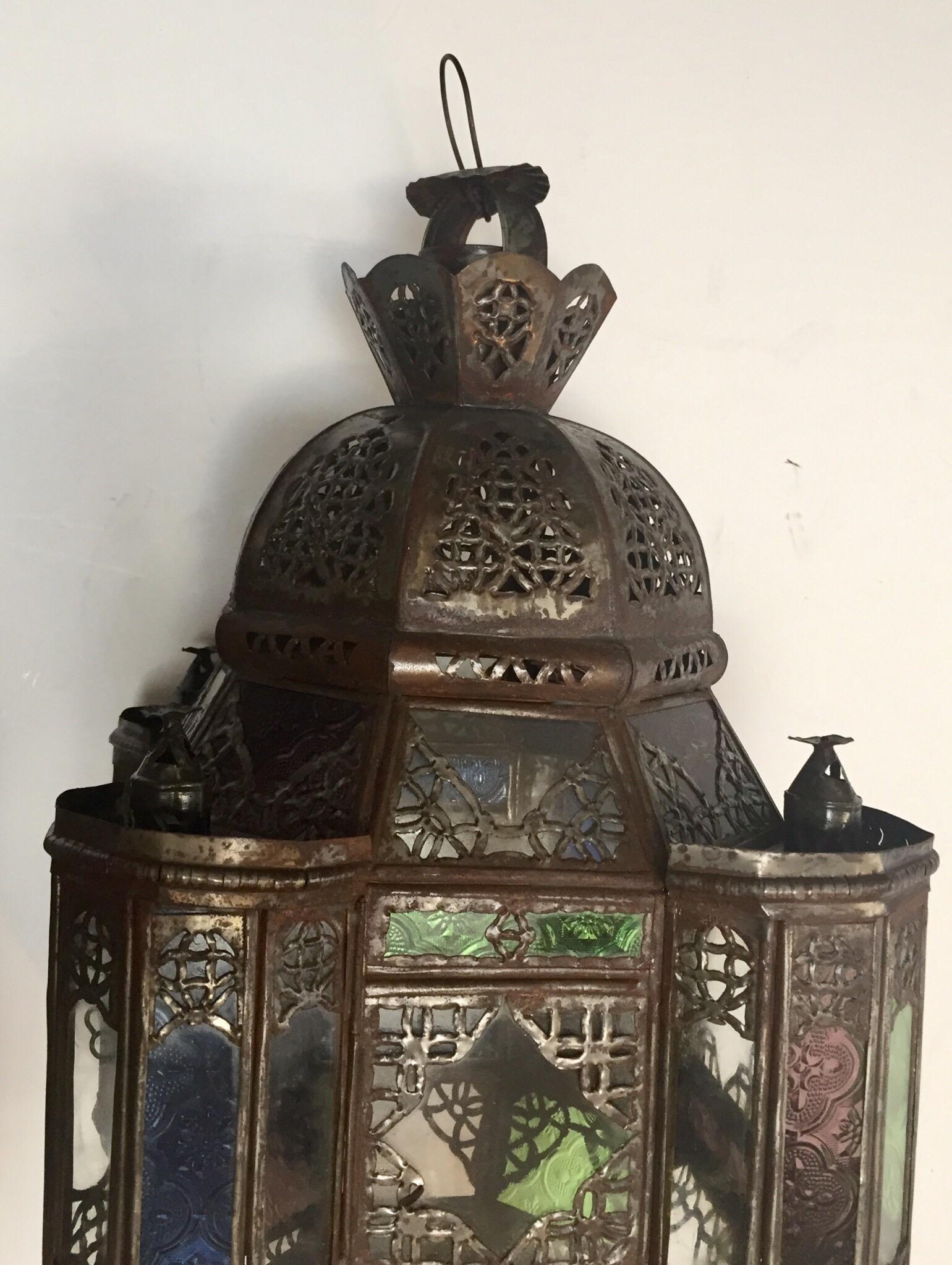 Pair of Moroccan Moorish Metal Lantern with Clear and Colored Glass 12