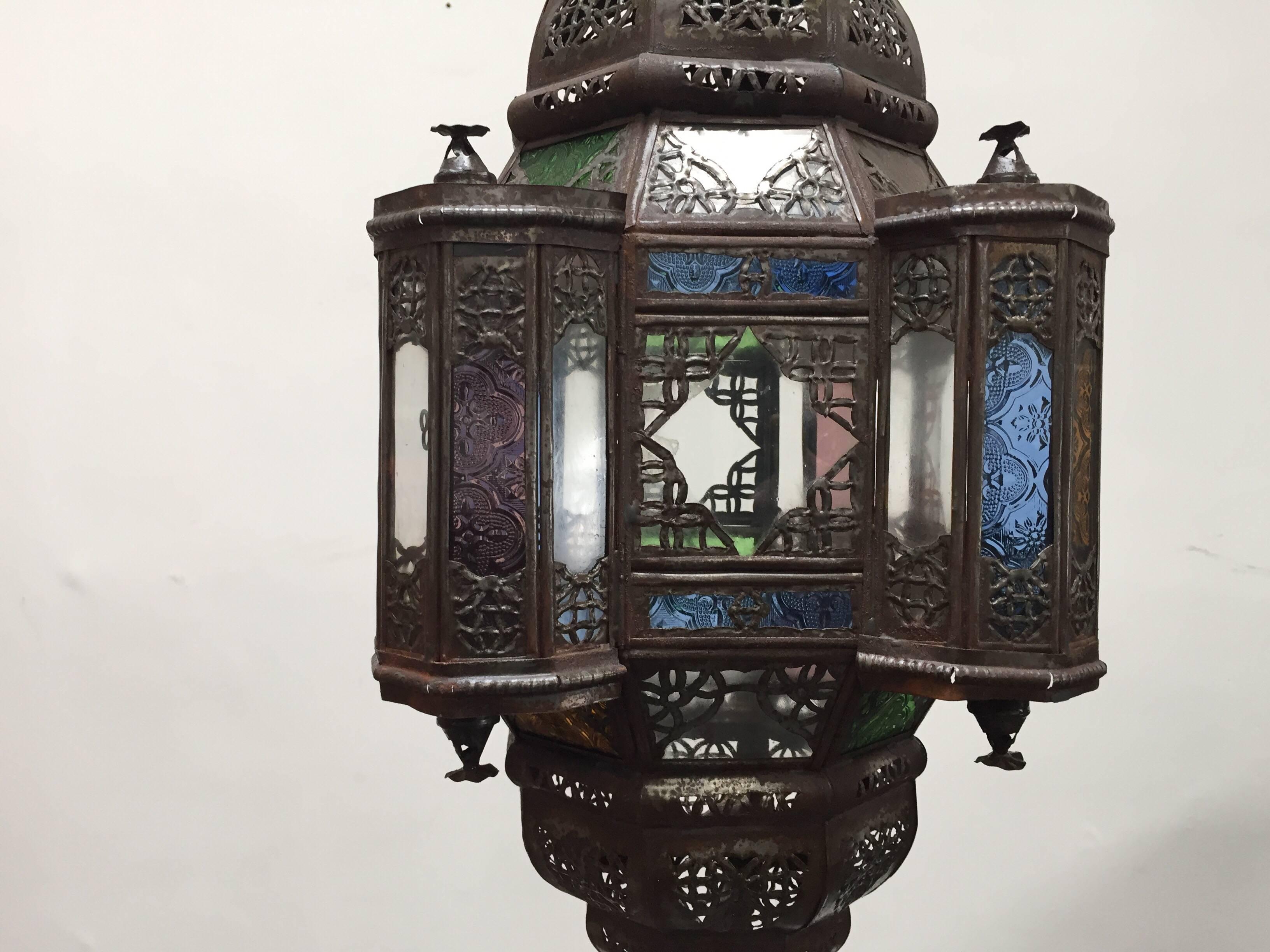 20th Century Pair of Moroccan Moorish Metal Lantern with Clear and Colored Glass