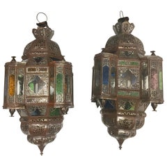 Pair of Moroccan Moorish Metal Lantern with Clear and Colored Glass