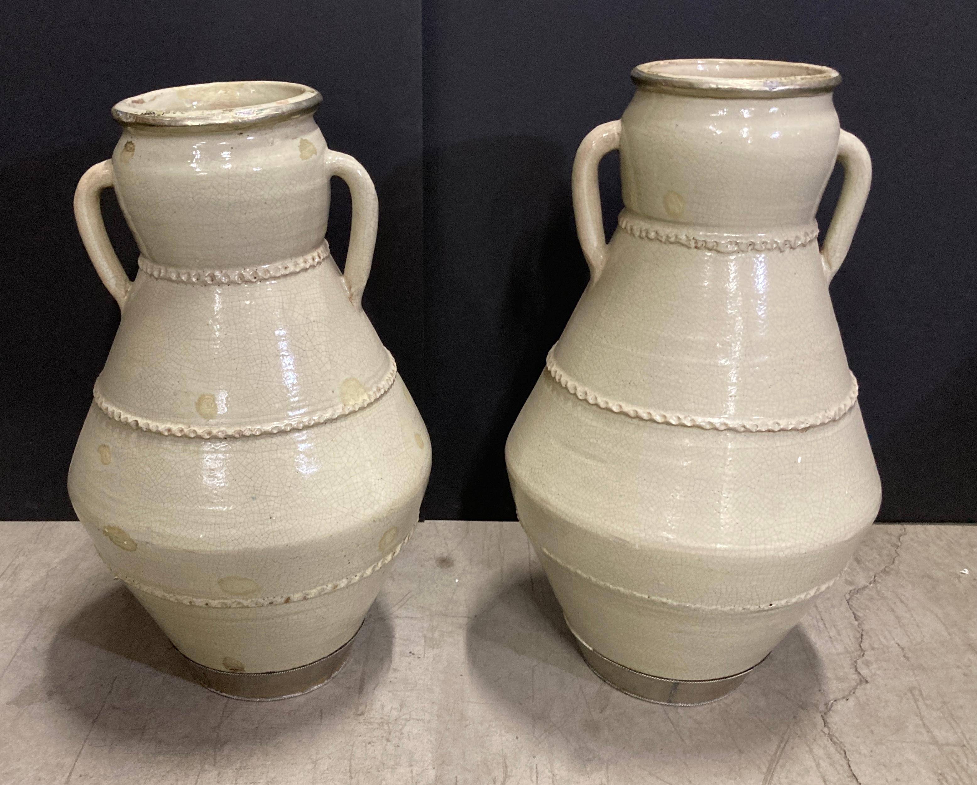 Pair of large Moorish olive jars handcrafted in Morocco, ivory color, measures: 26