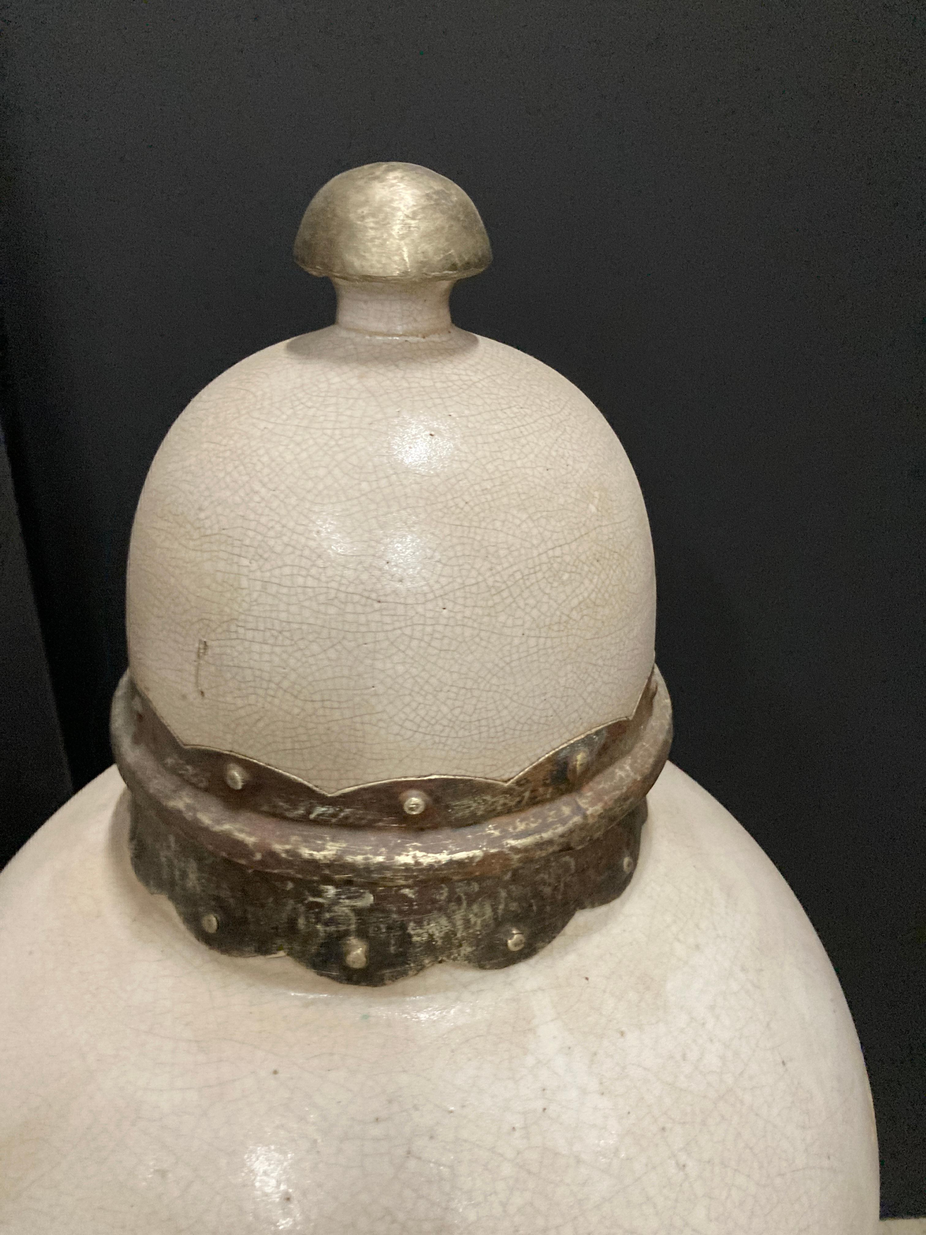 Pair of Moroccan Moorish Olive Jars with Lid from Fez, Ivory Color 3