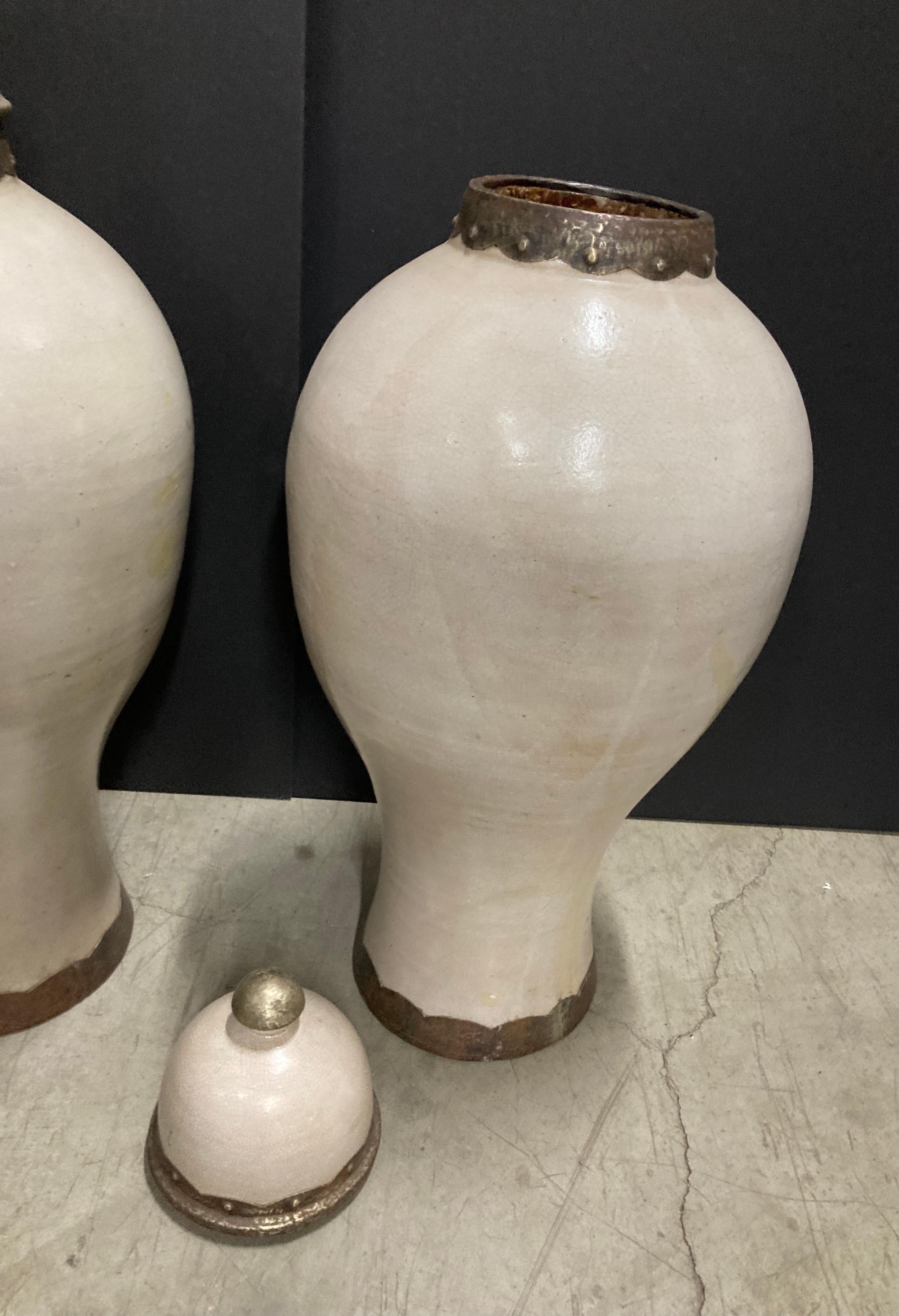 Pair of Moroccan Moorish Olive Jars with Lid from Fez, Ivory Color 6