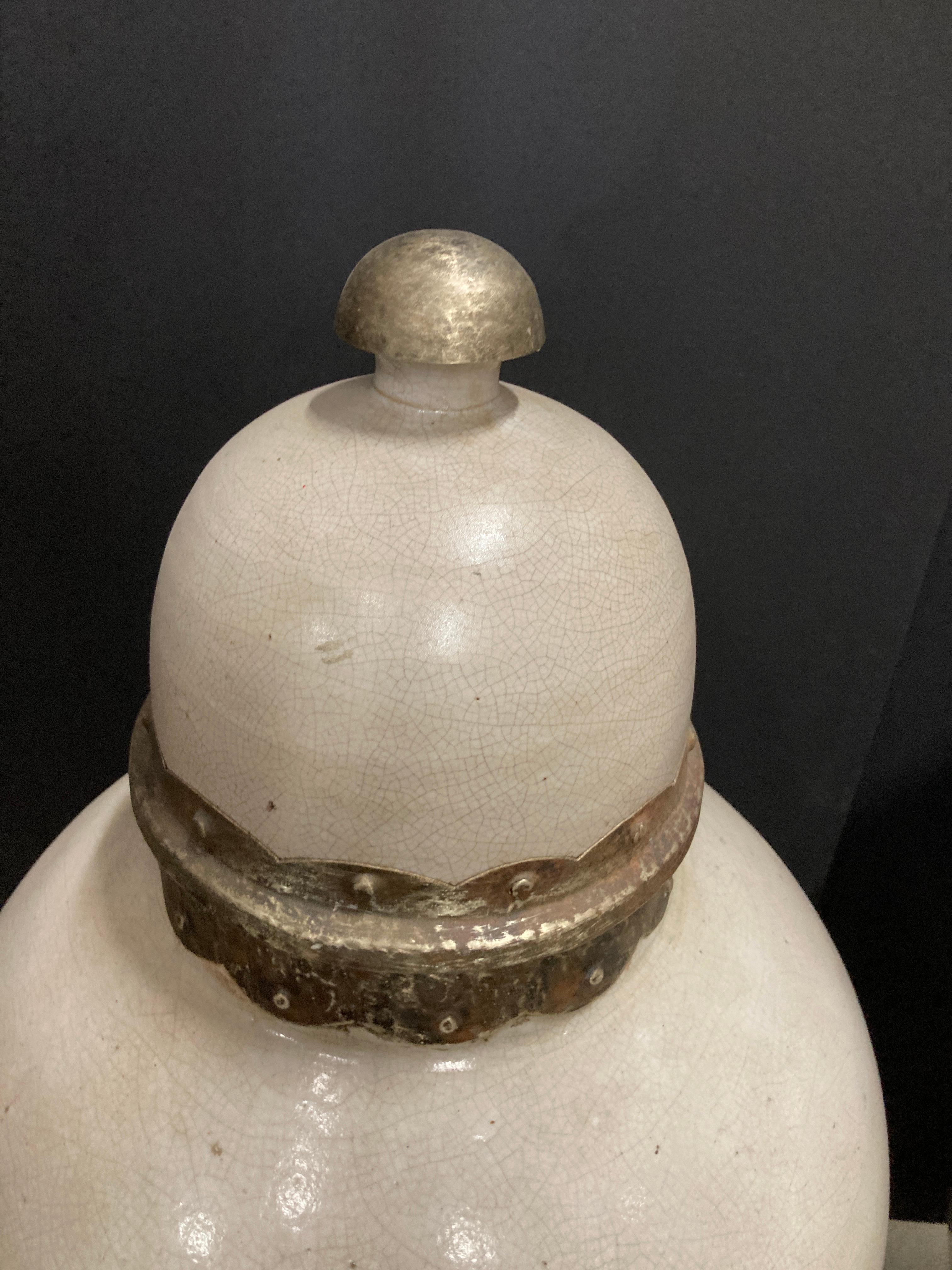 Pair of Moroccan Moorish Olive Jars with Lid from Fez, Ivory Color 2