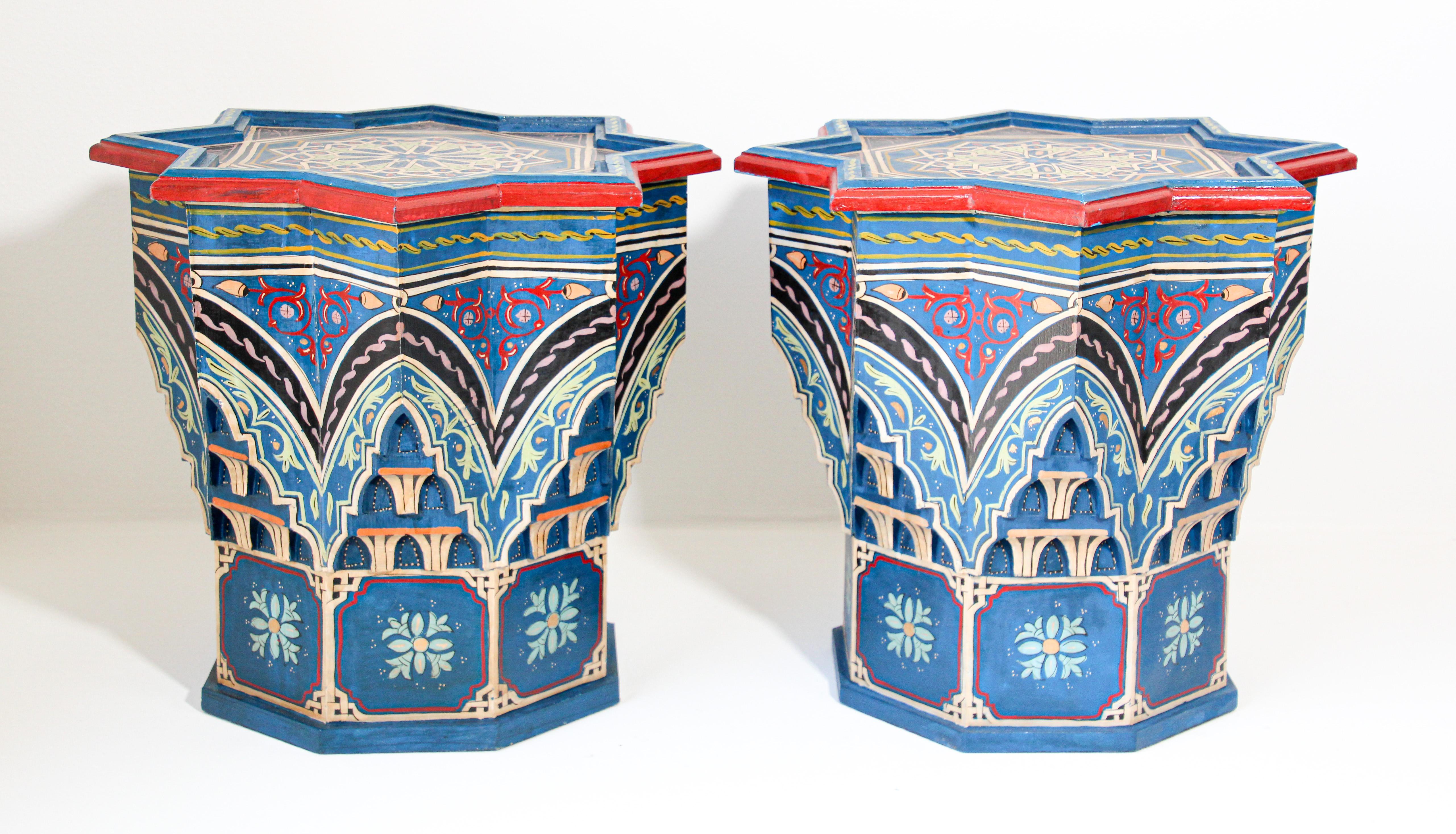 Hand-Painted Pair of Moroccan Moorish Star Shape Blue Side Tables
