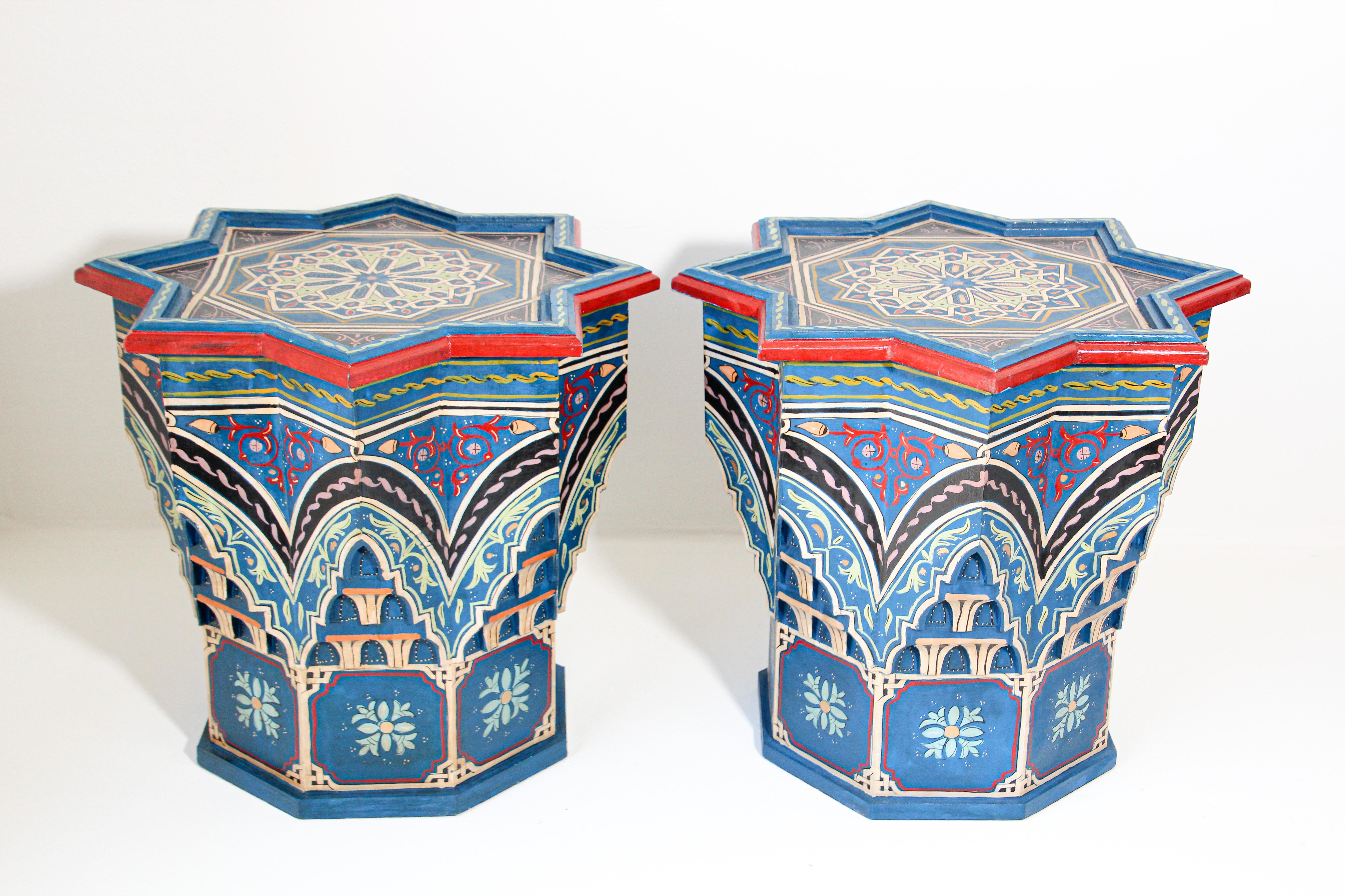 Pair of Moroccan Moorish Star Shape Blue Side Tables In Good Condition In North Hollywood, CA