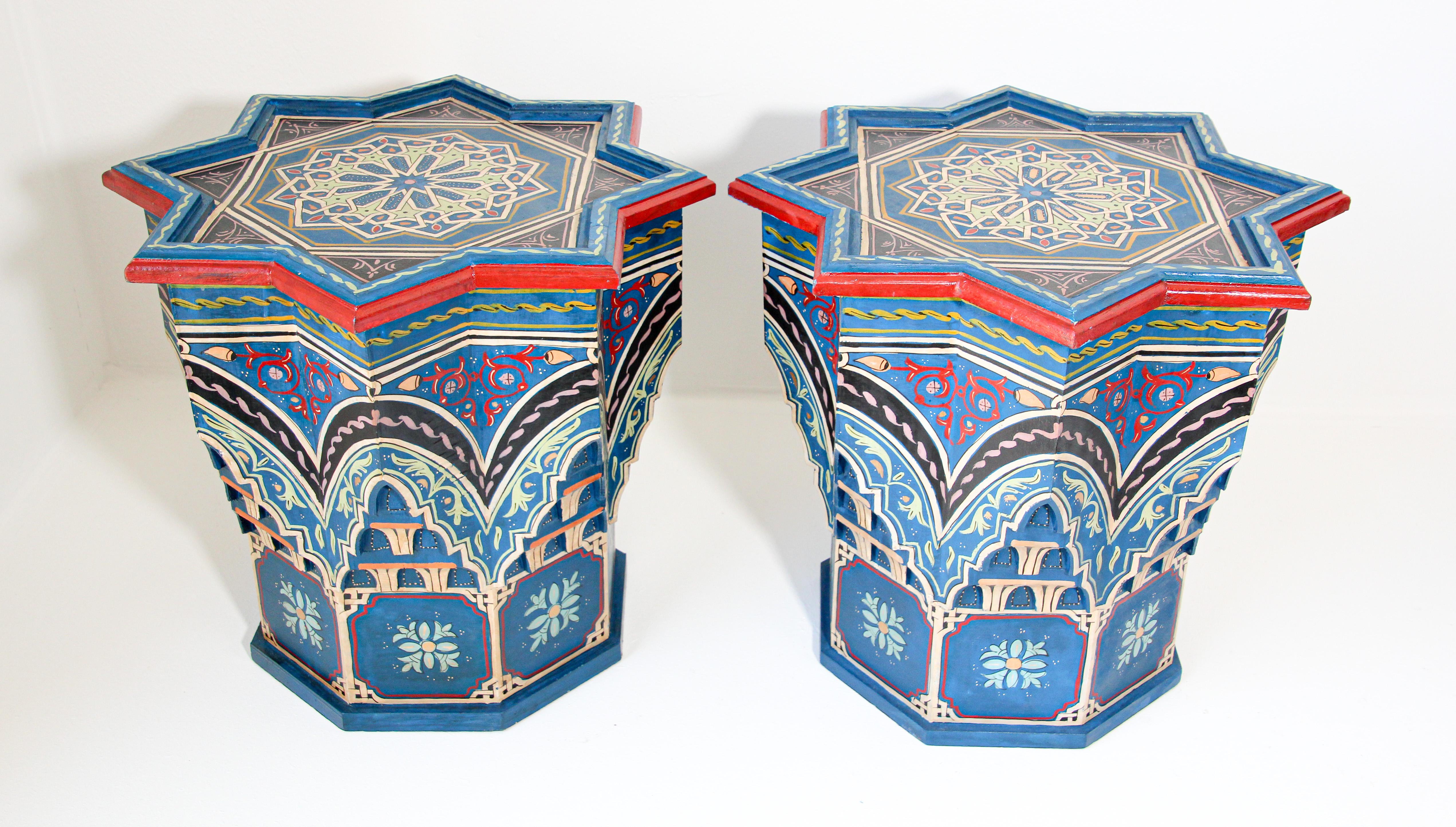 20th Century Pair of Moroccan Moorish Star Shape Blue Side Tables