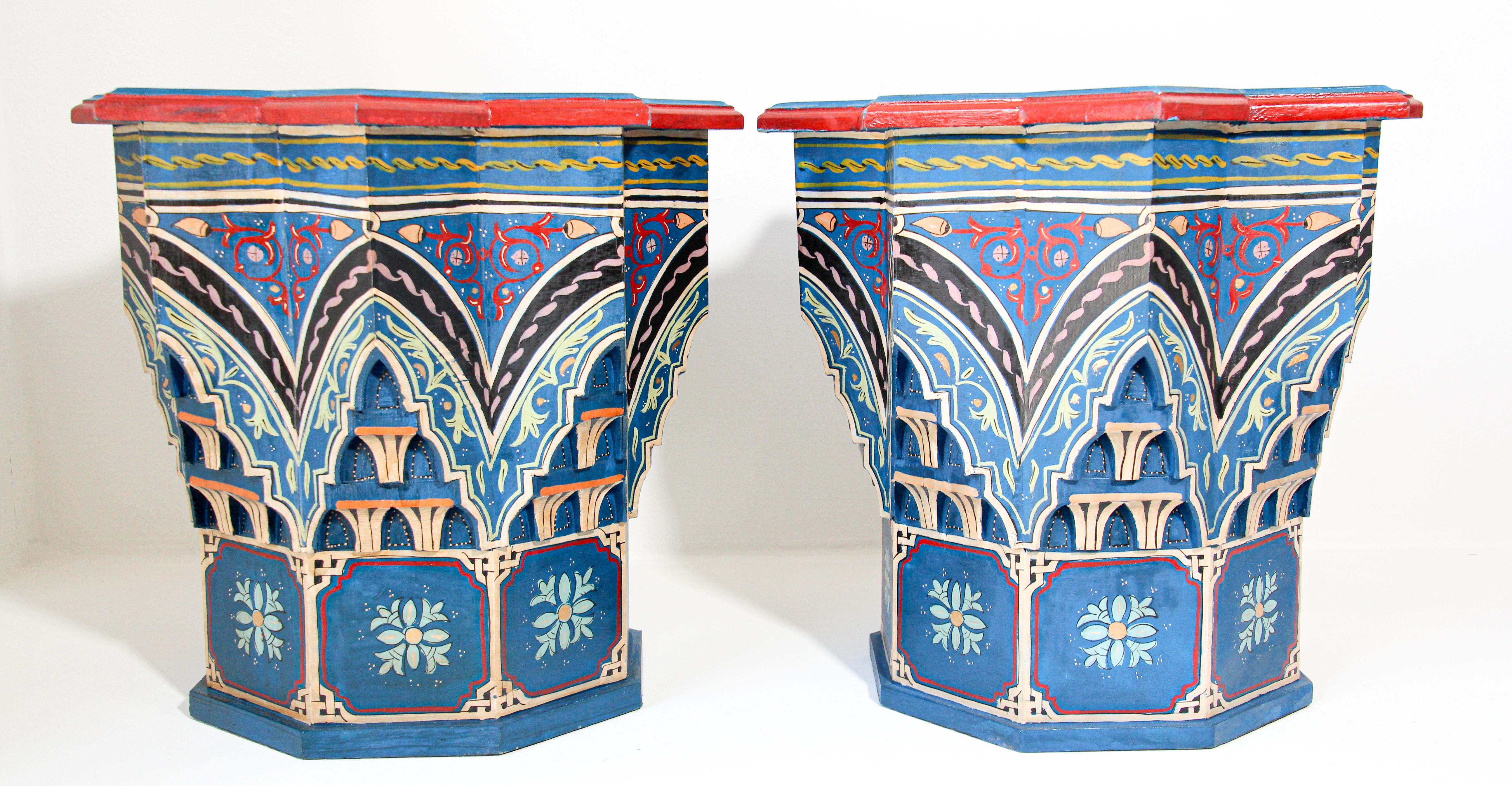 Wood Pair of Moroccan Moorish Star Shape Blue Side Tables