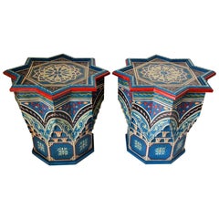 Pair of Moroccan Moorish Star Shape Blue Side Tables