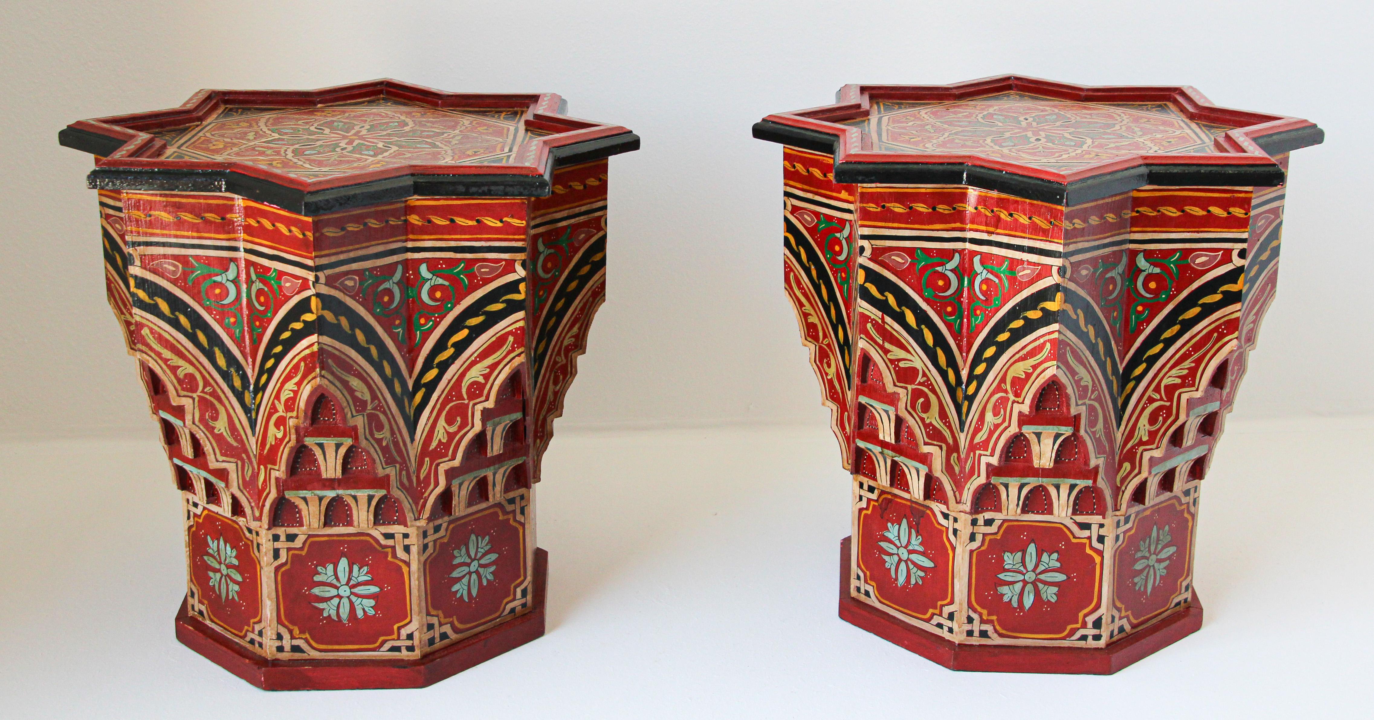Hand-Painted Pair of Moroccan Moorish Star Shape Red Side Tables