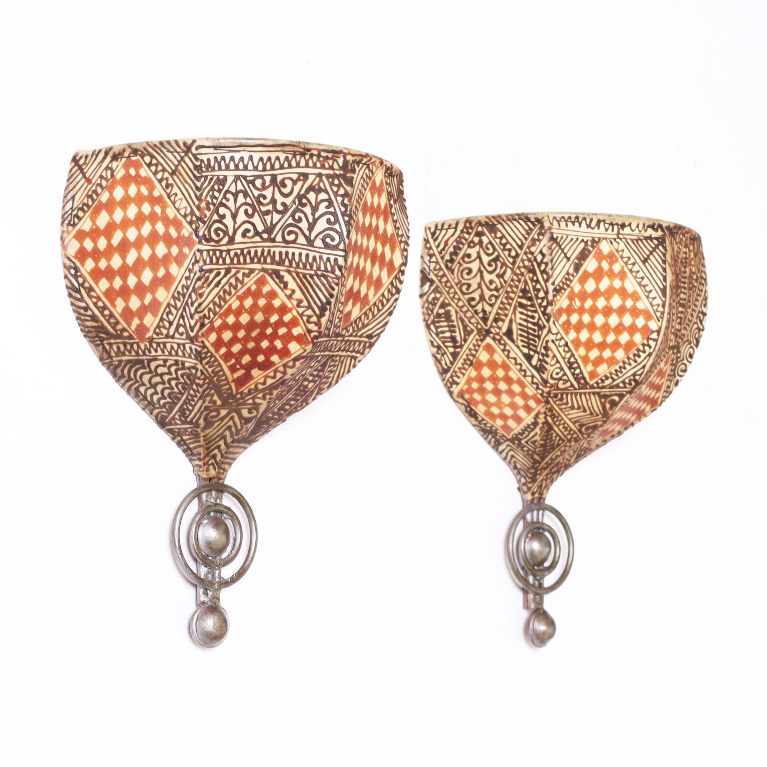 Moorish Pair of Moroccan Painted Parchment Wall Sconces