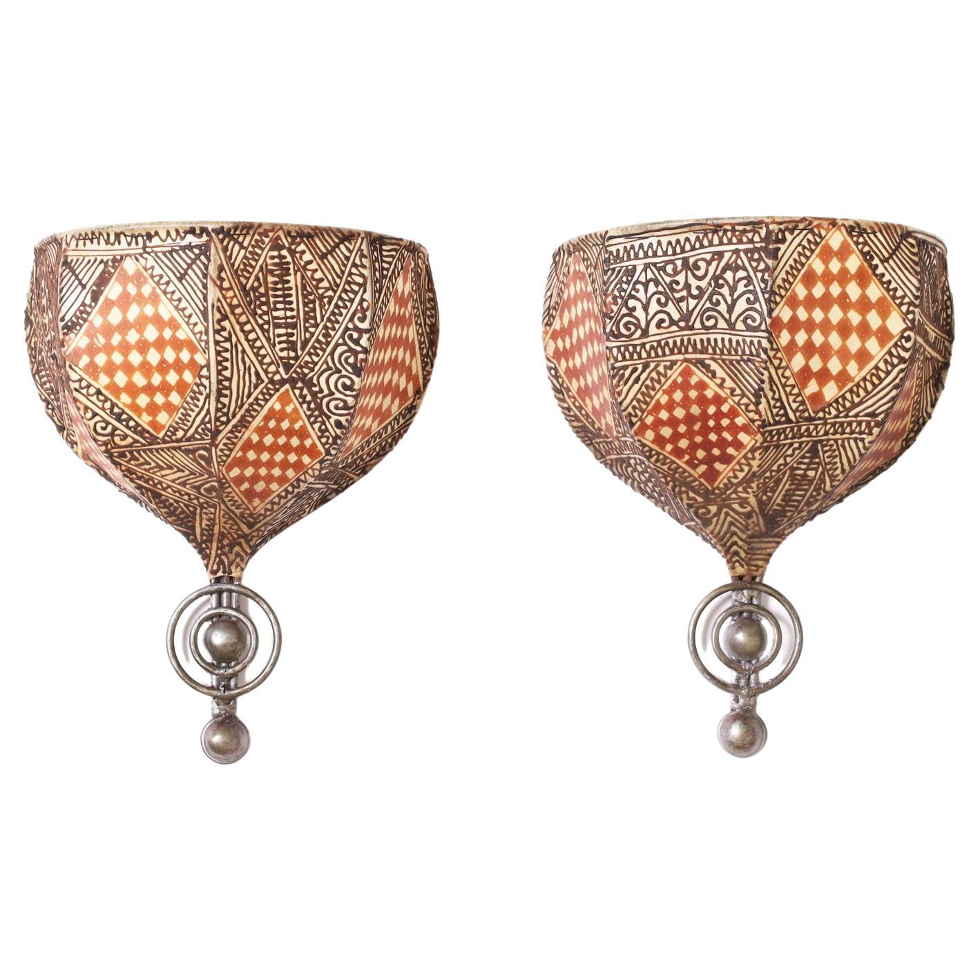 Pair of Moroccan Painted Parchment Wall Sconces For Sale