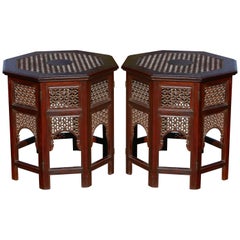 Pair of Moroccan Sheesham Wood and Brass Fretwork Tables