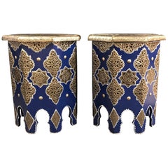 Pair of Moroccan Silver Metal Inlaid Side Tables in Blue