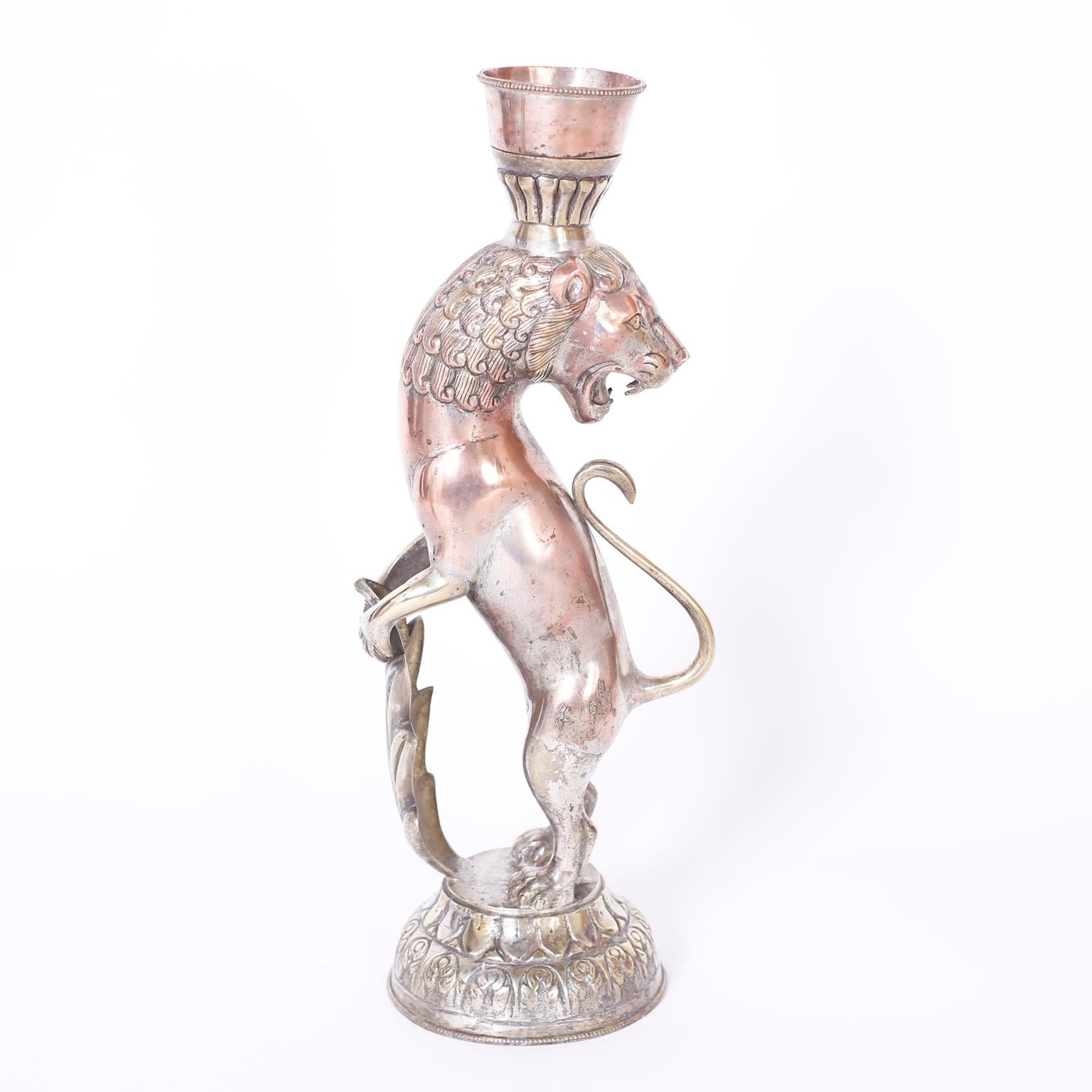 Moorish Pair of Moroccan Silvered Brass or Copper Lion Candlesticks For Sale
