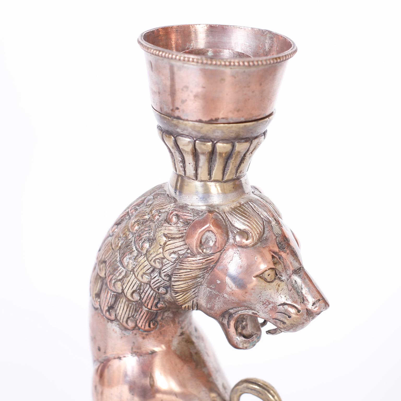 Pair of Moroccan Silvered Brass or Copper Lion Candlesticks For Sale 1