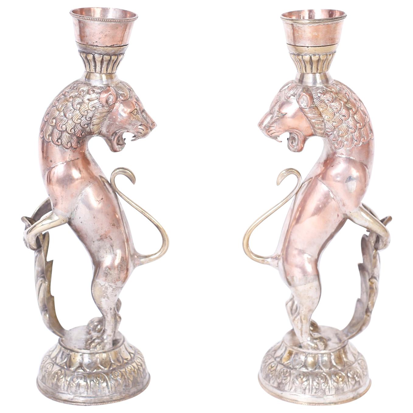 Pair of Moroccan Silvered Brass or Copper Lion Candlesticks For Sale