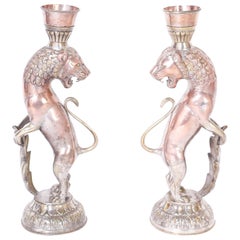 Vintage Pair of Moroccan Silvered Brass or Copper Lion Candlesticks