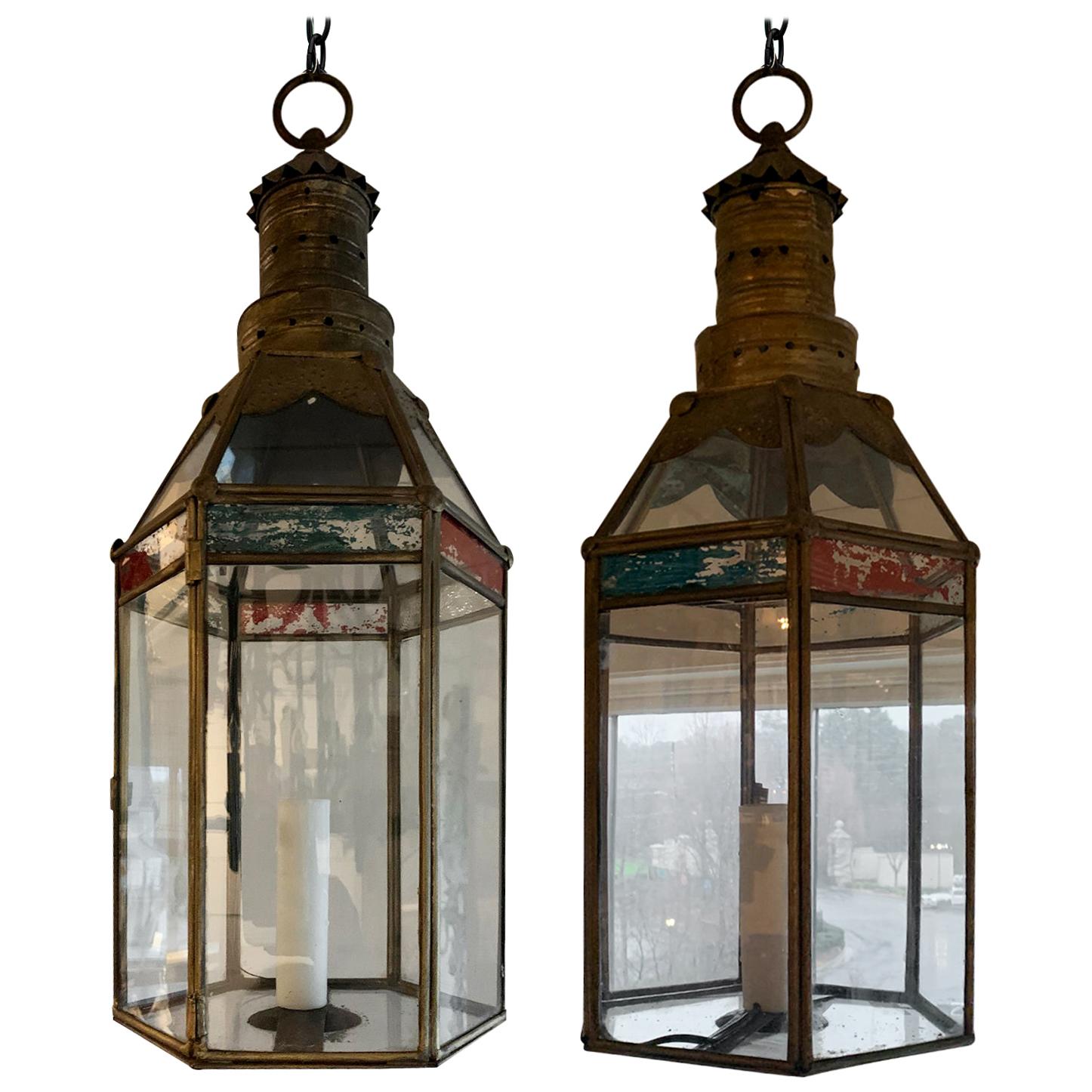 Pair of Moroccan Style Brass and Glass Lanterns, circa 1920
