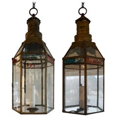 Antique Pair of Moroccan Style Brass and Glass Lanterns, circa 1920