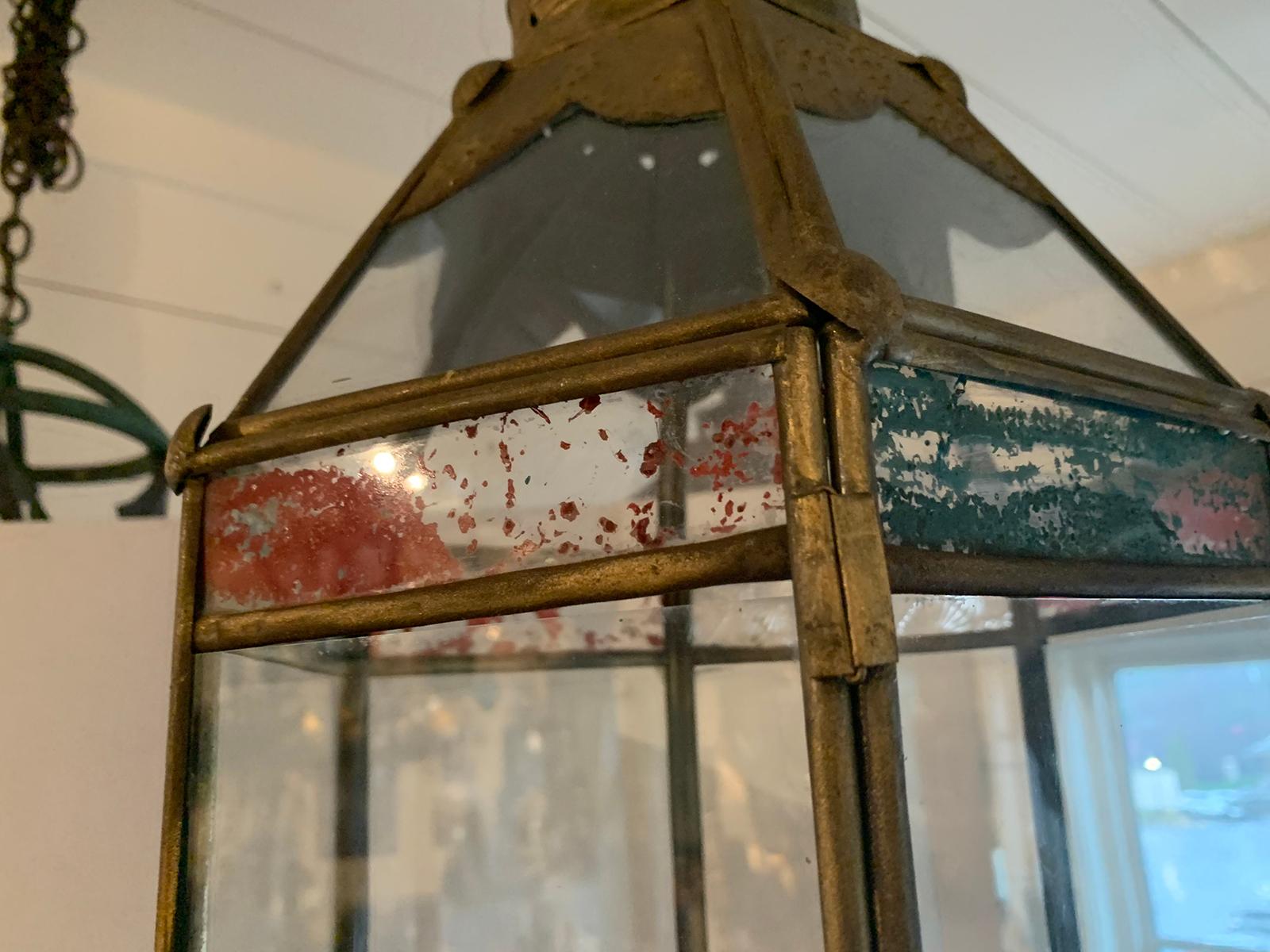 Pair of Moroccan Style Brass and Glass Lanterns, circa 1920 In Good Condition In Atlanta, GA