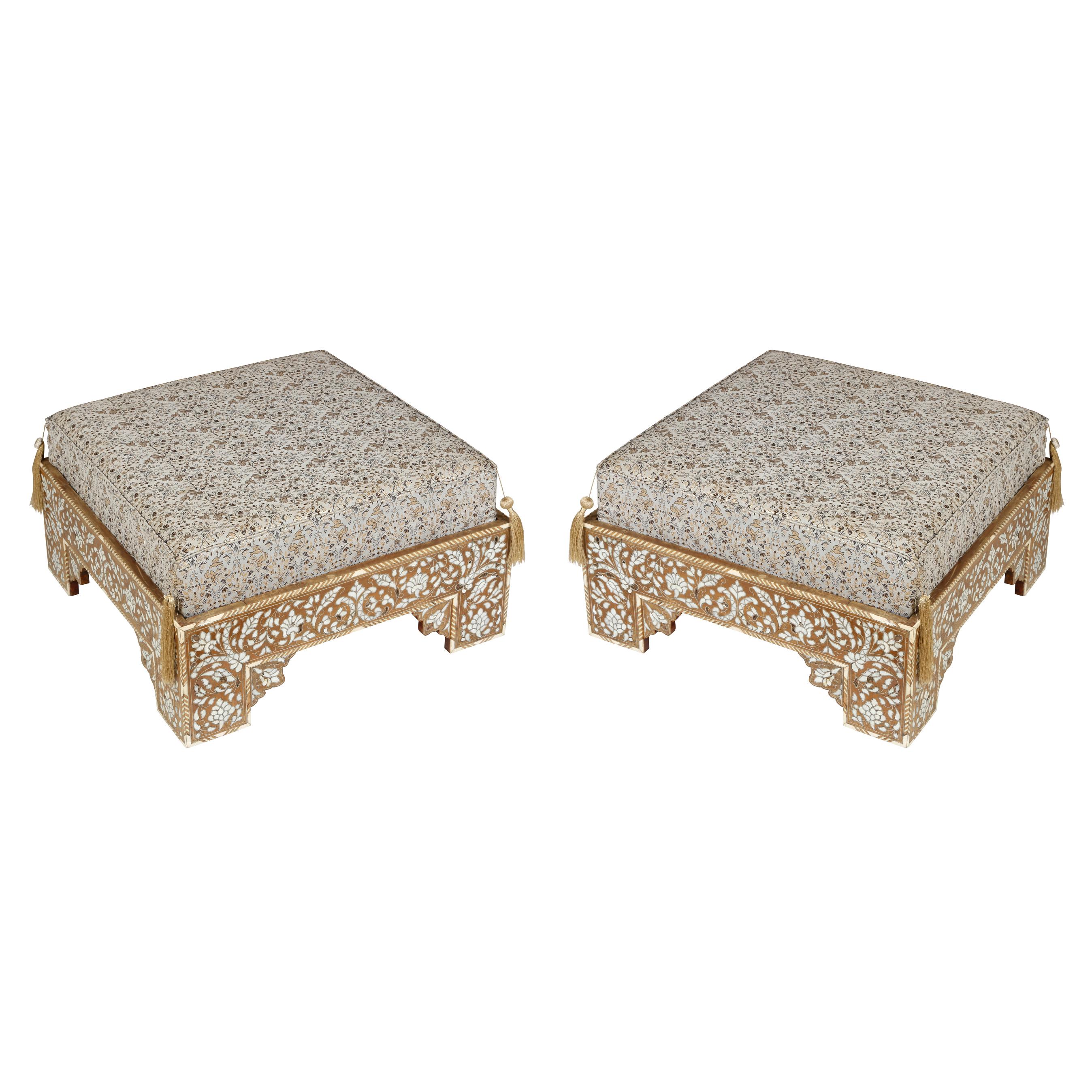 20th Century Pair of Moroccan Style Inlaid Square Ottomans
