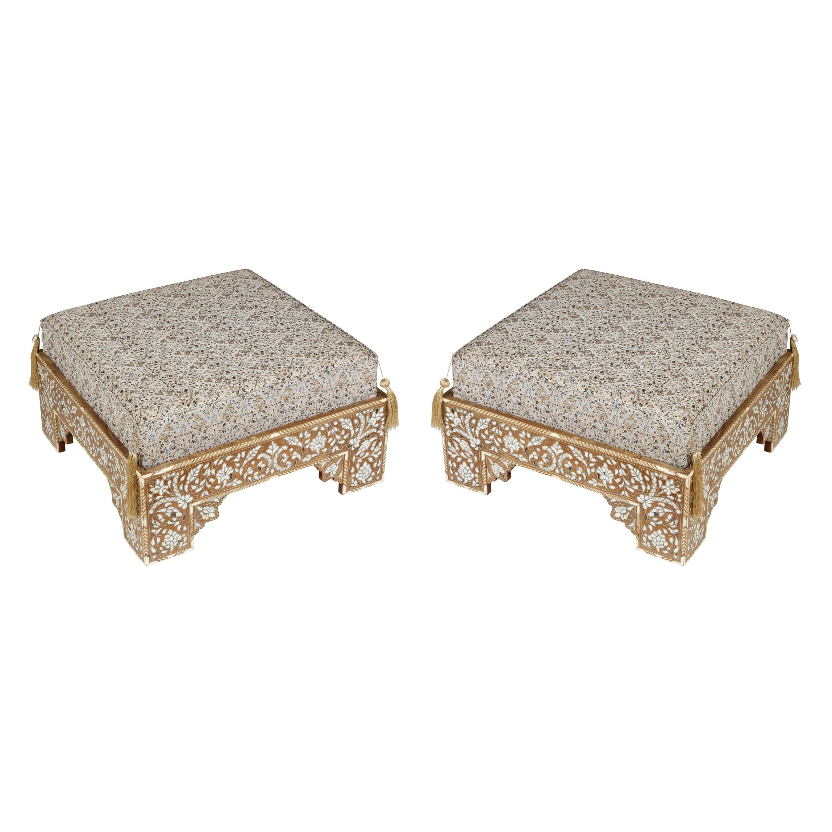 Pair of Moroccan Style Inlaid Square Ottomans