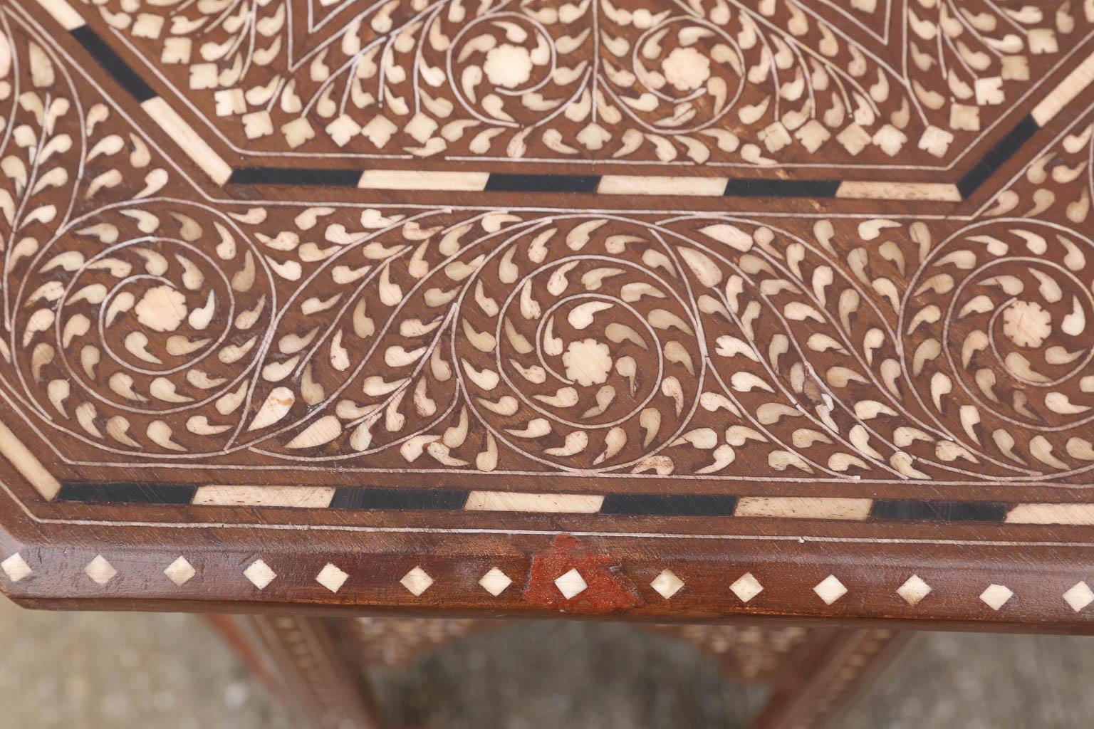 Pair of Moroccan Style Intricately Inlaid Solid Teak Wood Side Tables 3
