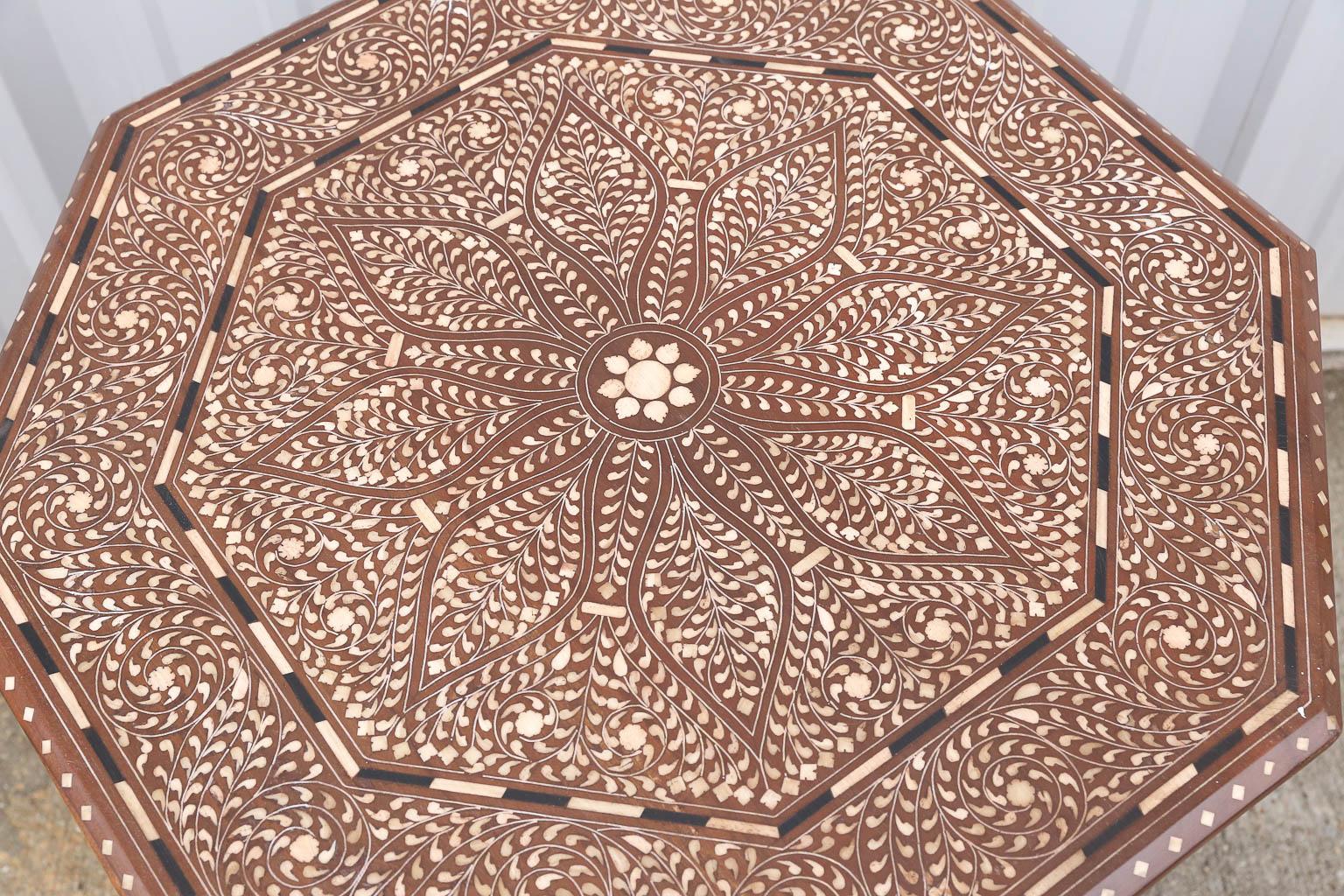 These superbly bone inlaid Moroccan style side tables were made in the 1930s for settlers' home in the eastern coast.
What makes the table to stand out is the superb old world craftsmanship and intricate inlay work. Rich wood mellowing patina. Will