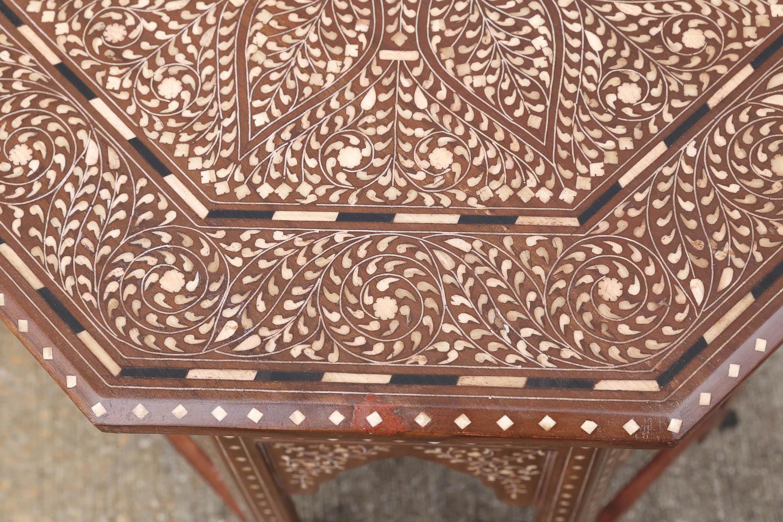 Anglo Raj Pair of Moroccan Style Intricately Inlaid Solid Teak Wood Side Tables