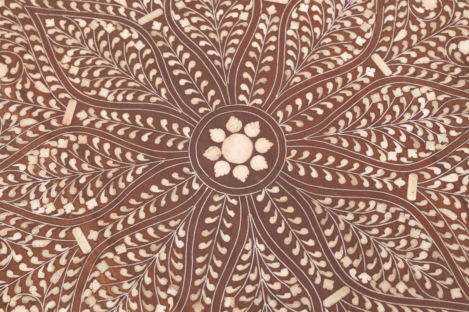 Indian Pair of Moroccan Style Intricately Inlaid Solid Teak Wood Side Tables