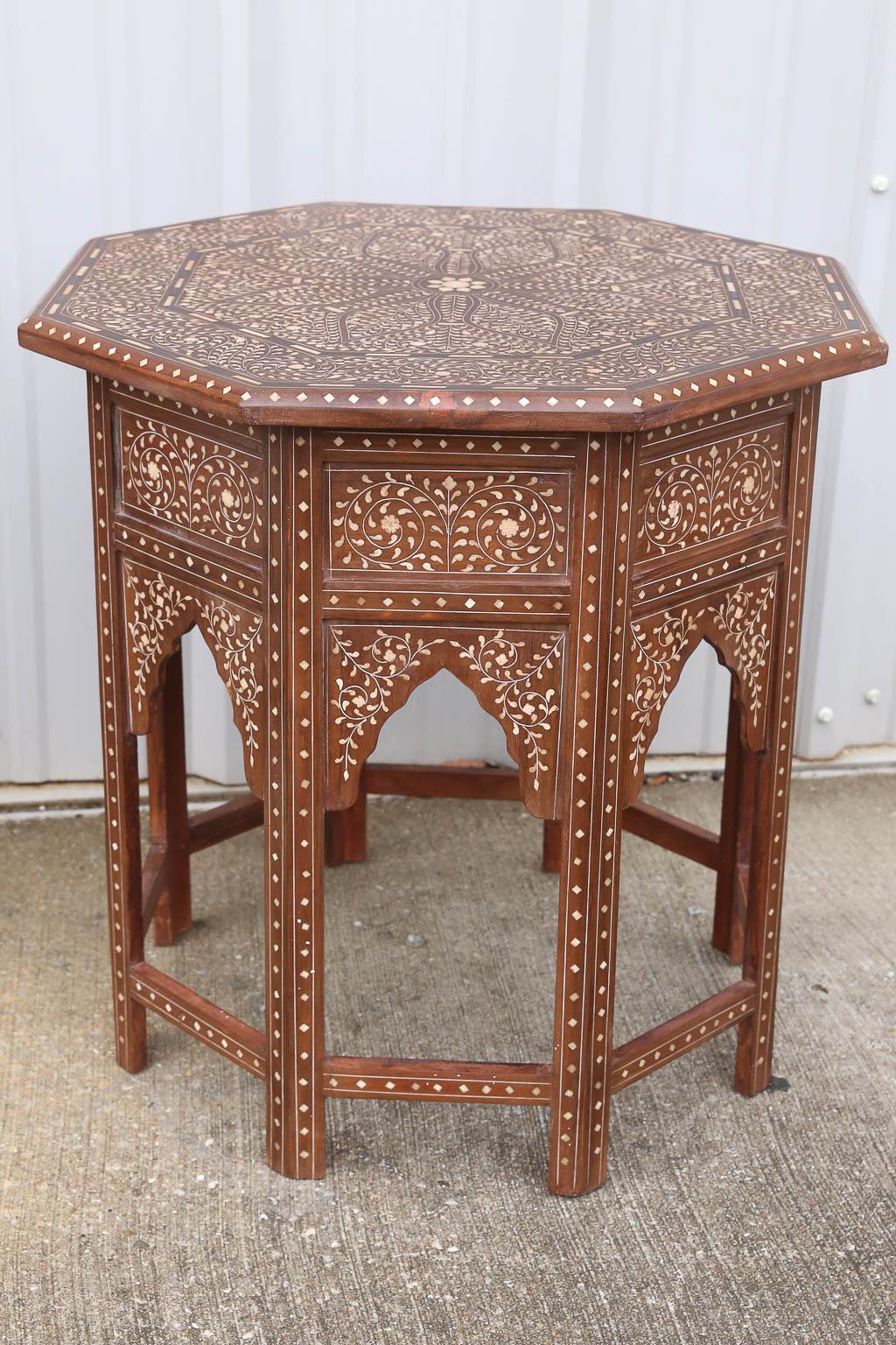 Hand-Crafted Pair of Moroccan Style Intricately Inlaid Solid Teak Wood Side Tables