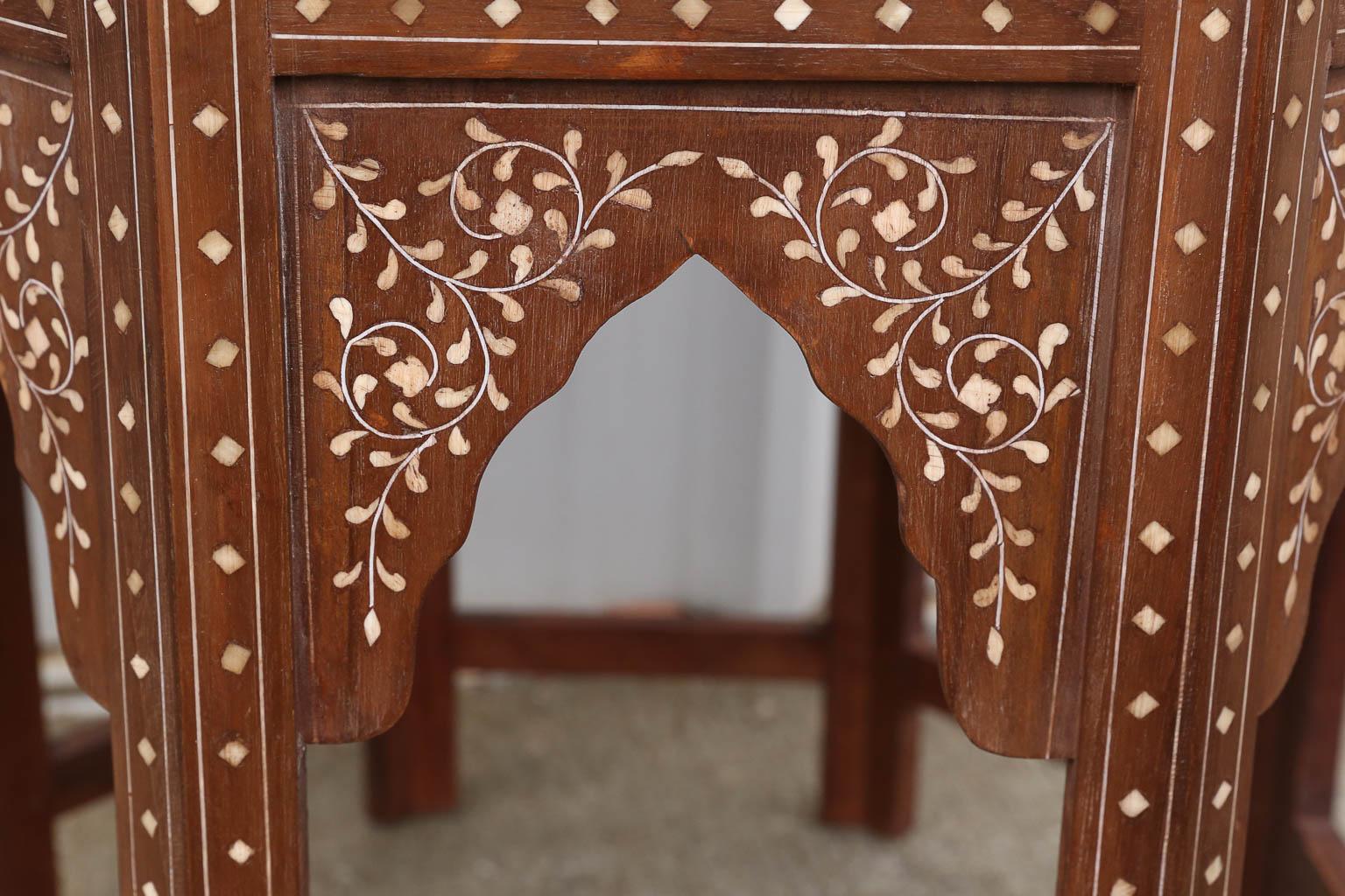 Pair of Moroccan Style Intricately Inlaid Solid Teak Wood Side Tables 1