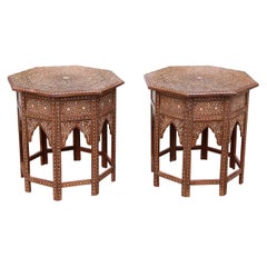 Pair of Moroccan Style Intricately Inlaid Solid Teak Wood Side Tables