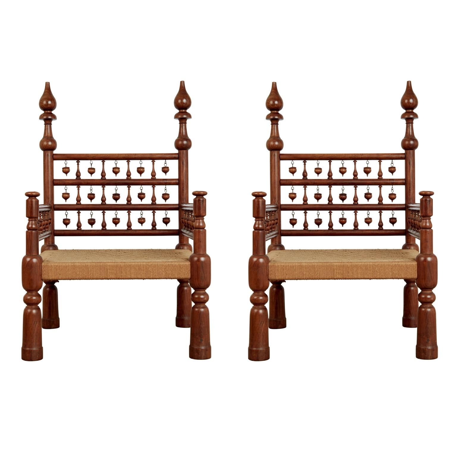 Pair of Moroccan Teak Rush Seat Throne Armchairs, circa 1960
