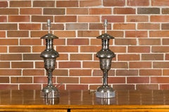 Pair of Moroccan Tôle Lamps on Lucite Bases with Etched Floral Décor, Midcentury