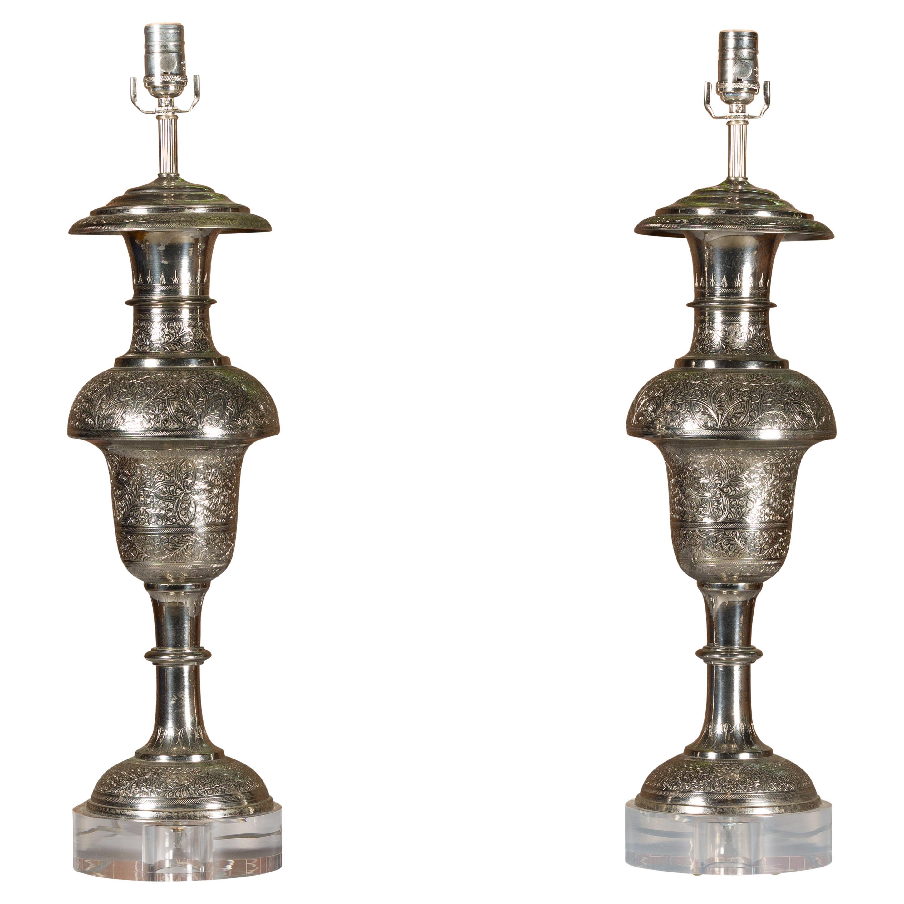 Pair of Moroccan Tôle Lamps on Lucite Bases with Etched Floral Décor, Midcentury For Sale